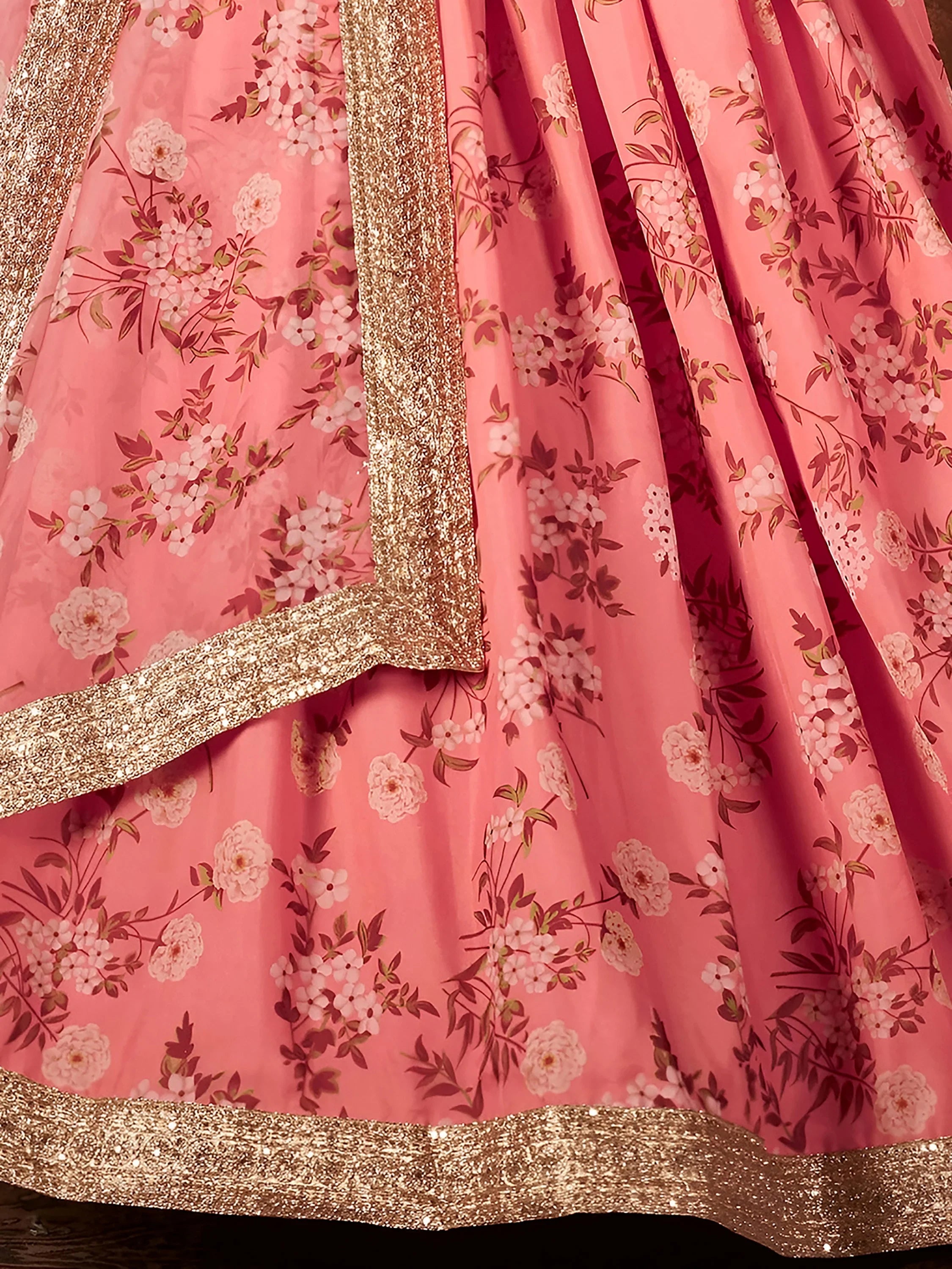 Pink Floral Digital Printed Organza Wedding Wear Lehenga Choli