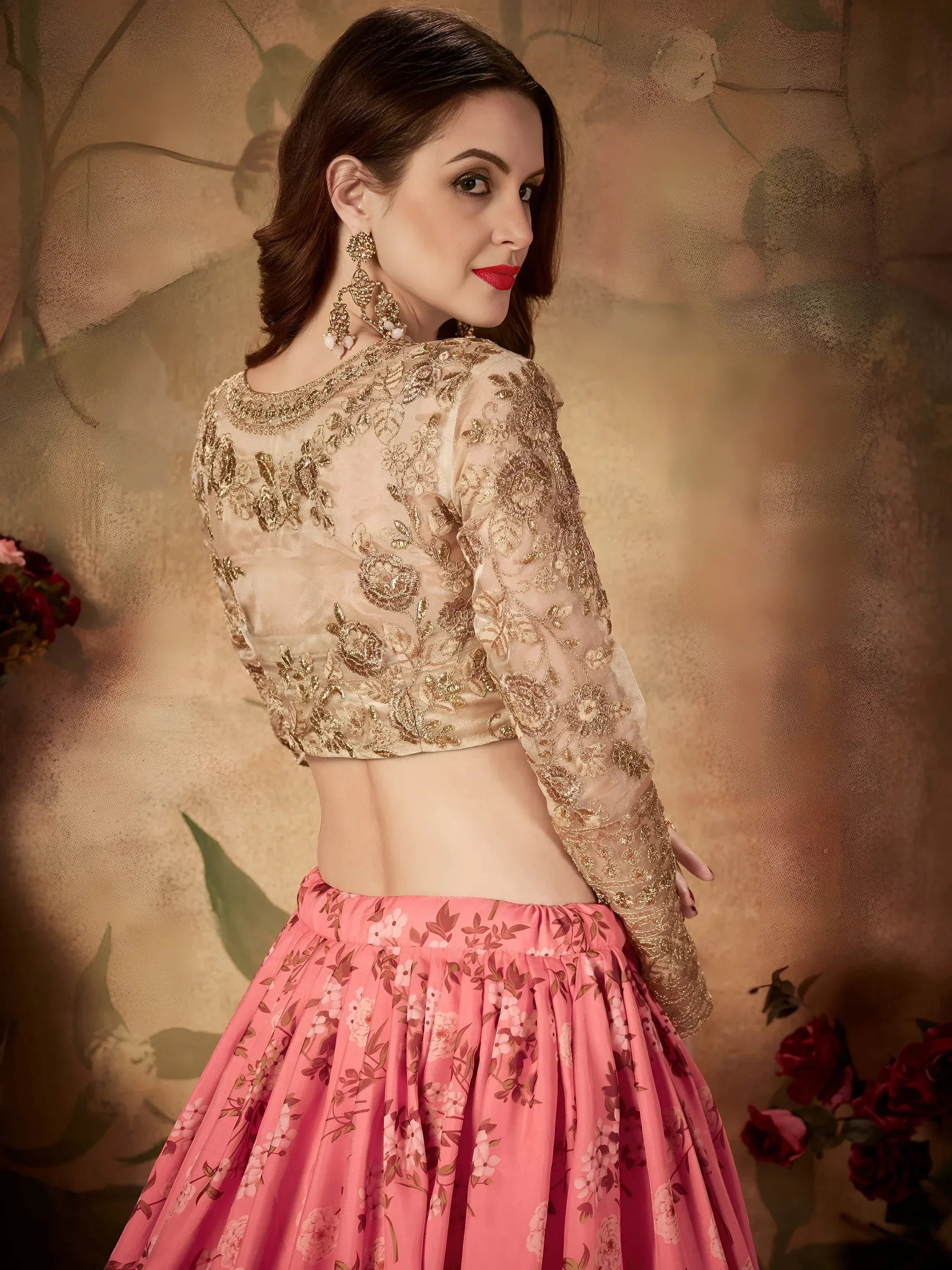 Pink Floral Digital Printed Organza Wedding Wear Lehenga Choli