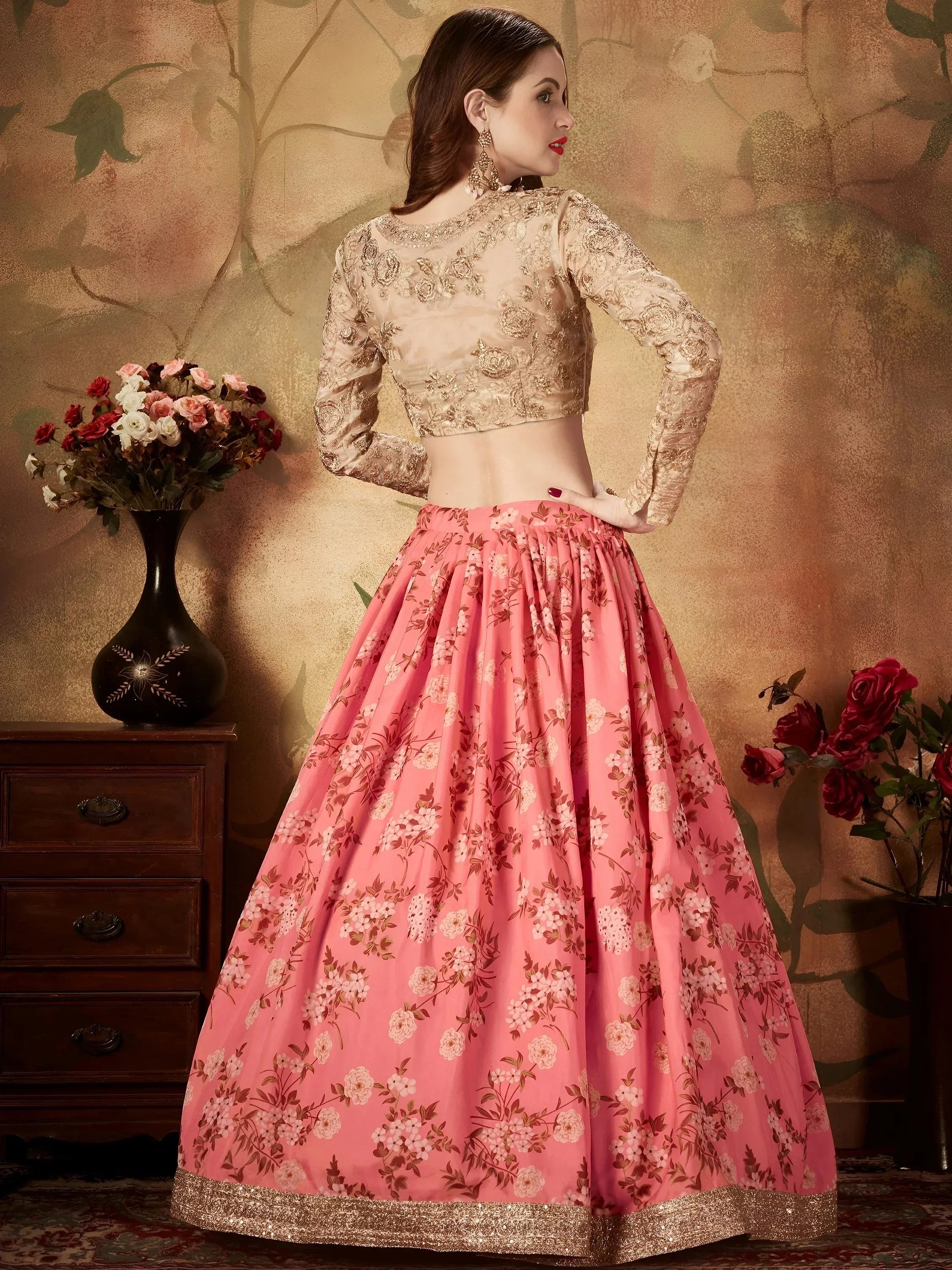 Pink Floral Digital Printed Organza Wedding Wear Lehenga Choli