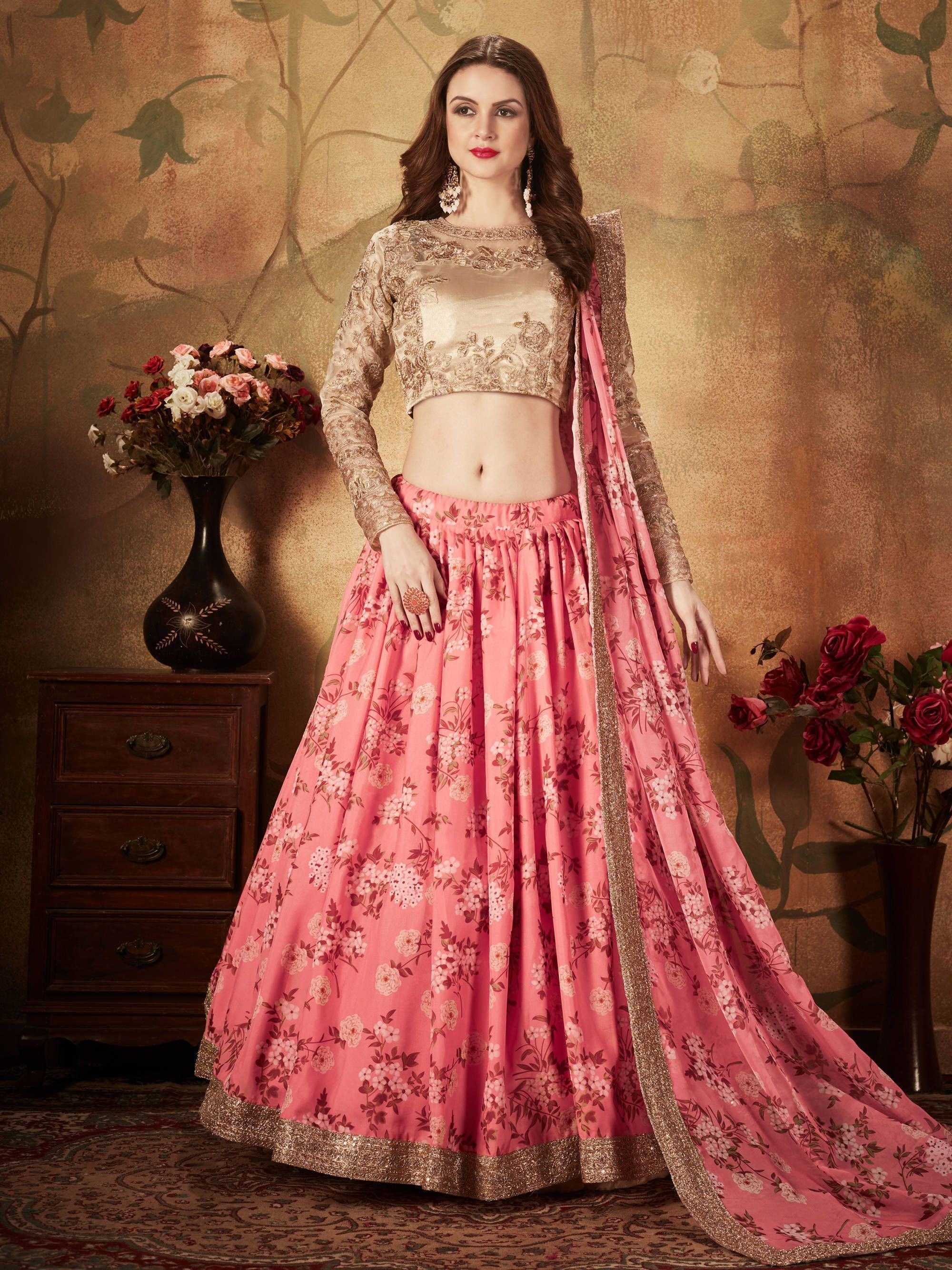 Pink Floral Digital Printed Organza Wedding Wear Lehenga Choli