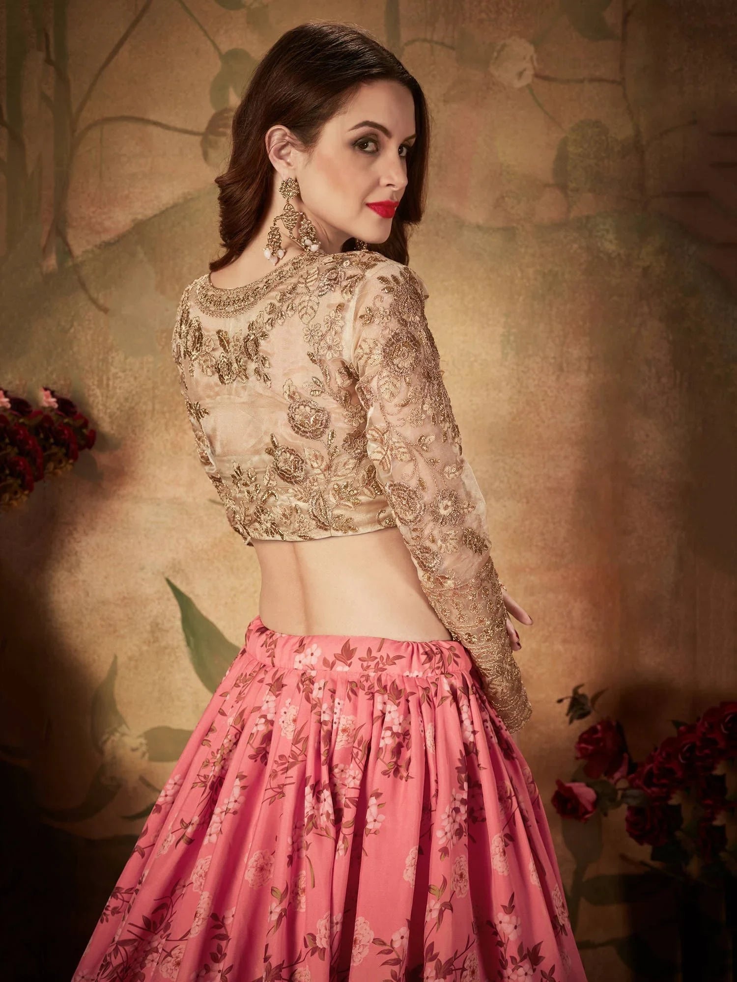 Pink Floral Digital Printed Organza Wedding Wear Lehenga Choli