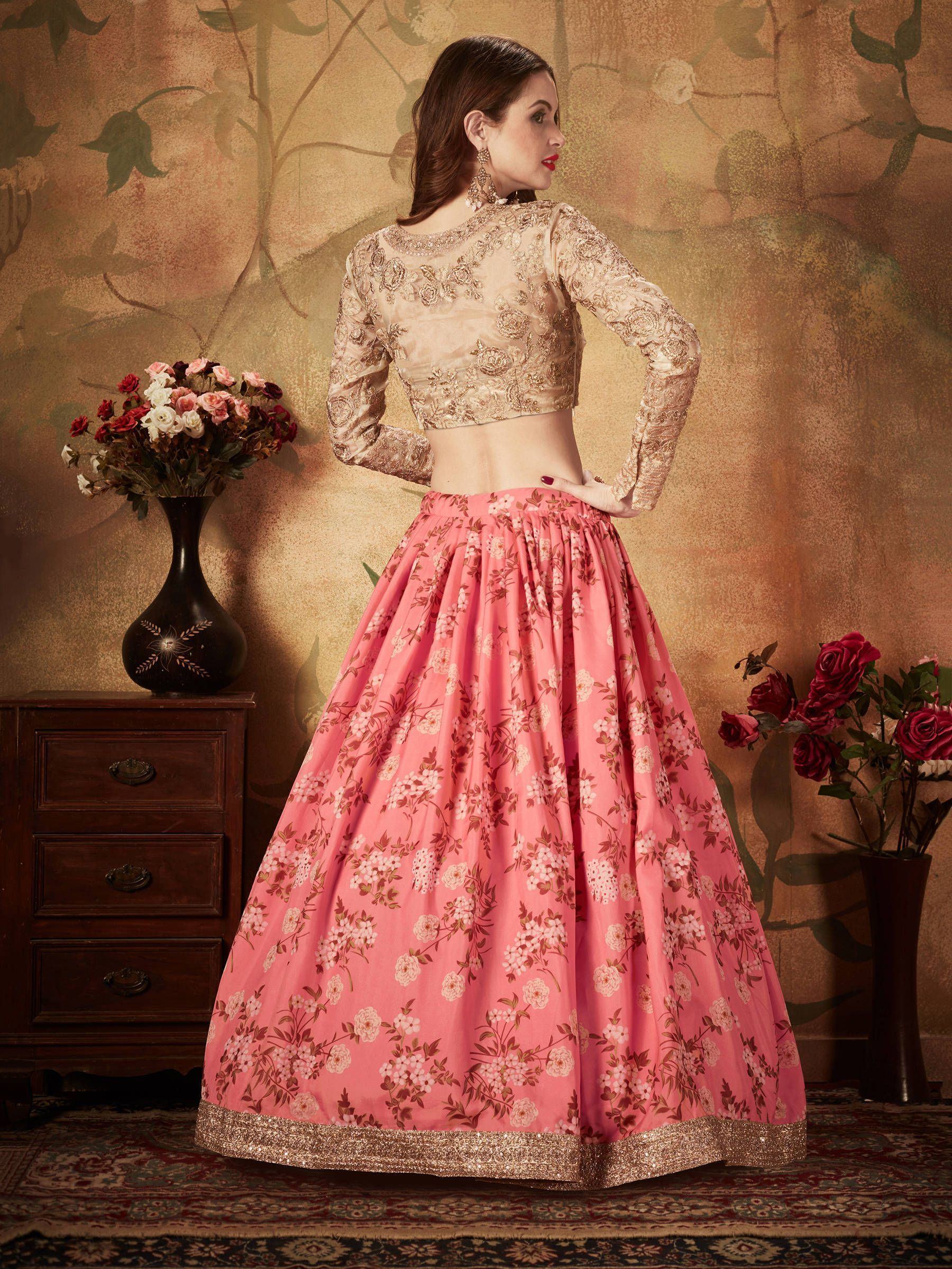 Pink Floral Digital Printed Organza Wedding Wear Lehenga Choli