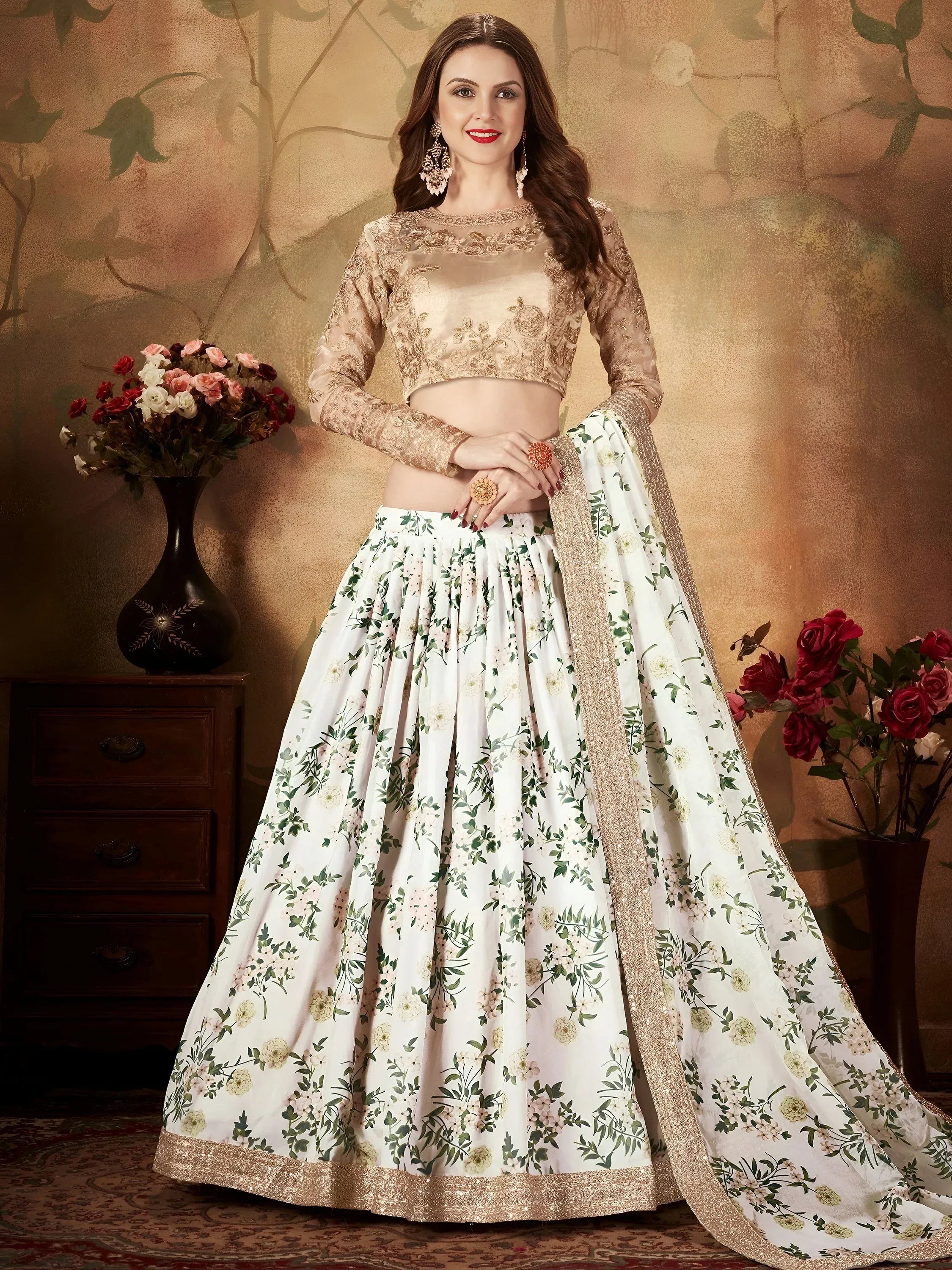 White Floral Digital Printed Organza Wedding Wear Lehenga Choli