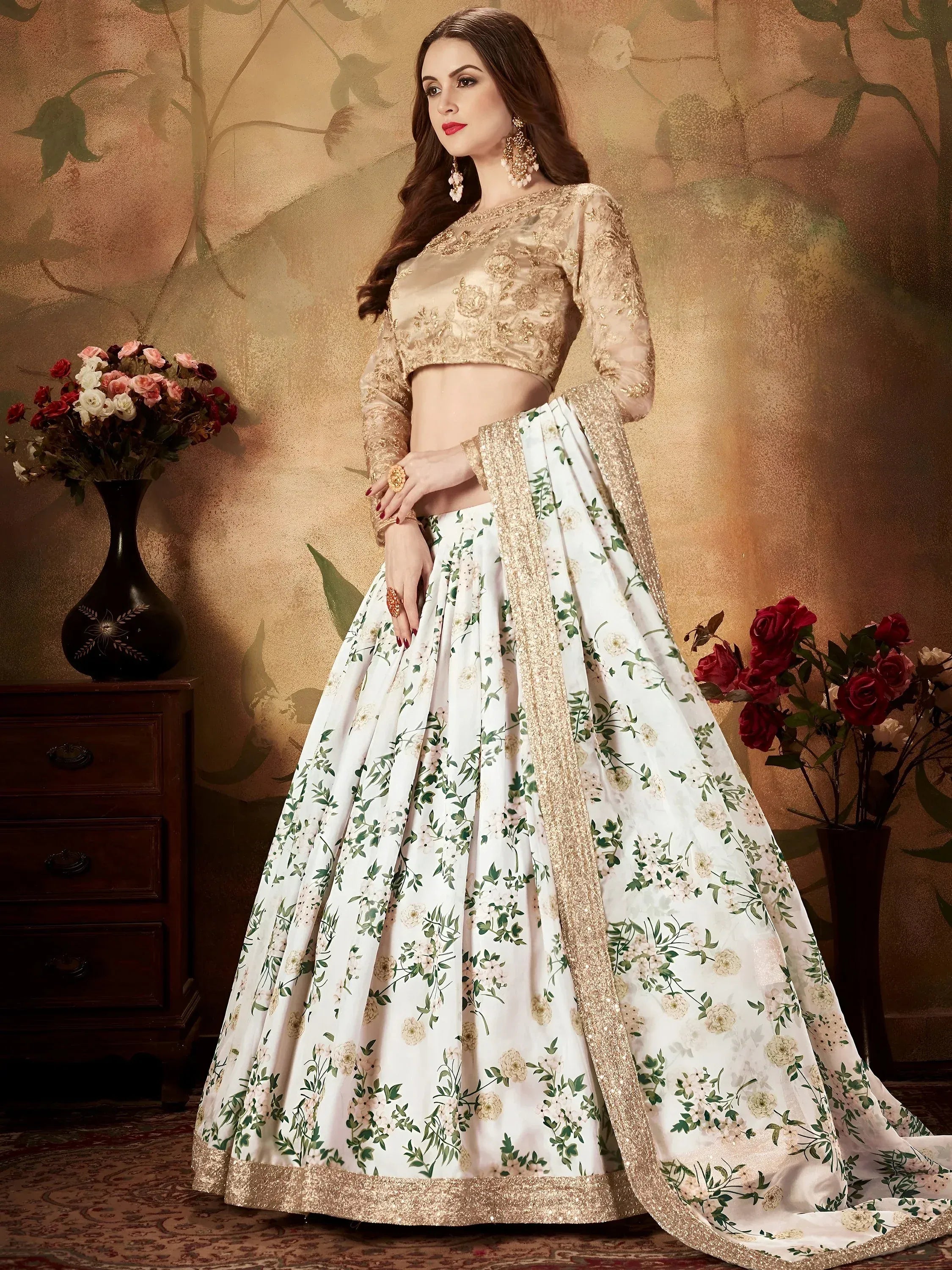 Enchanting White Printed Organza Festival Wear Plus Size Lehenga Choli