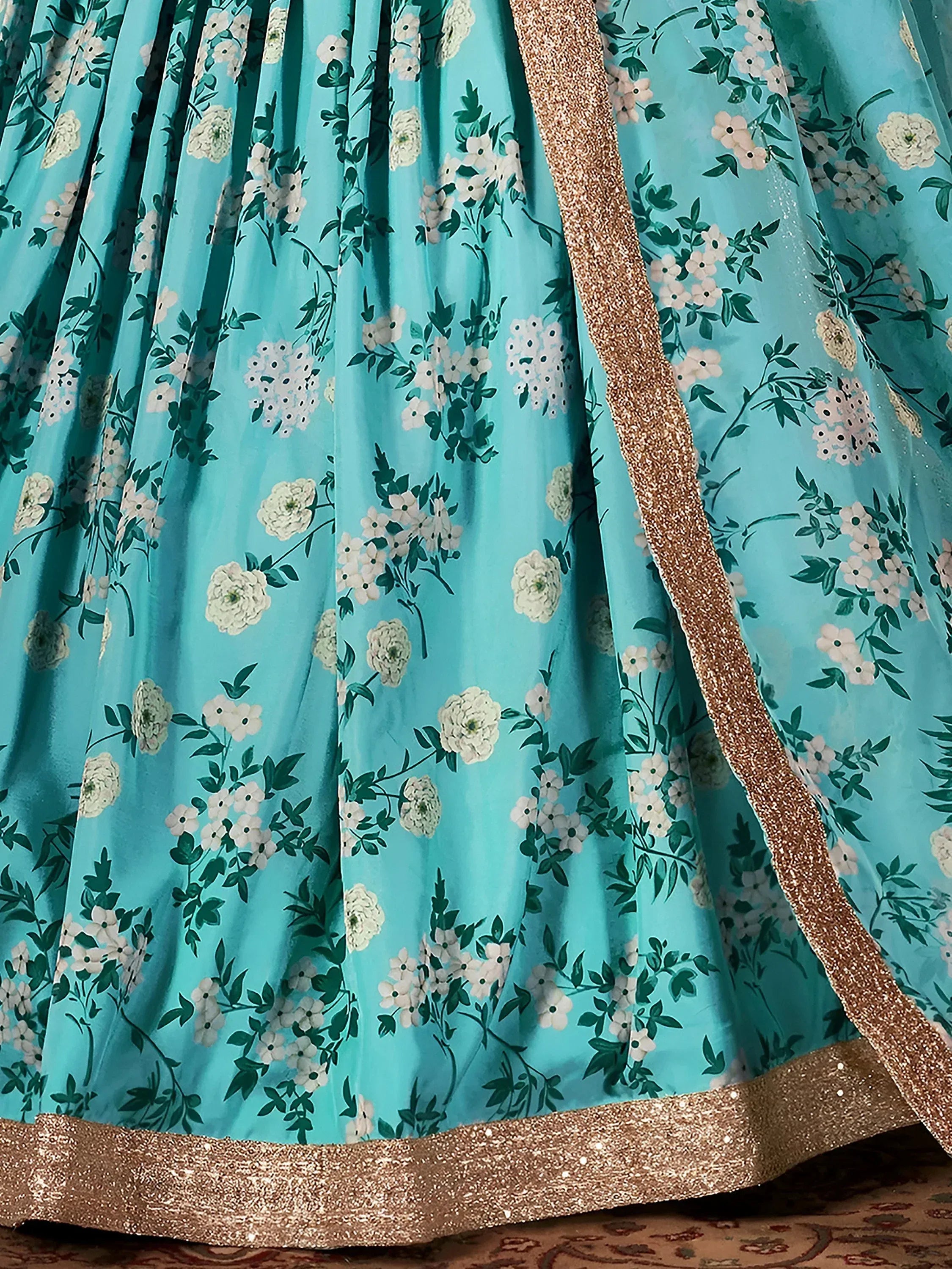Sky Blue Floral Digital Printed Organza Wedding Wear Lehenga Choli