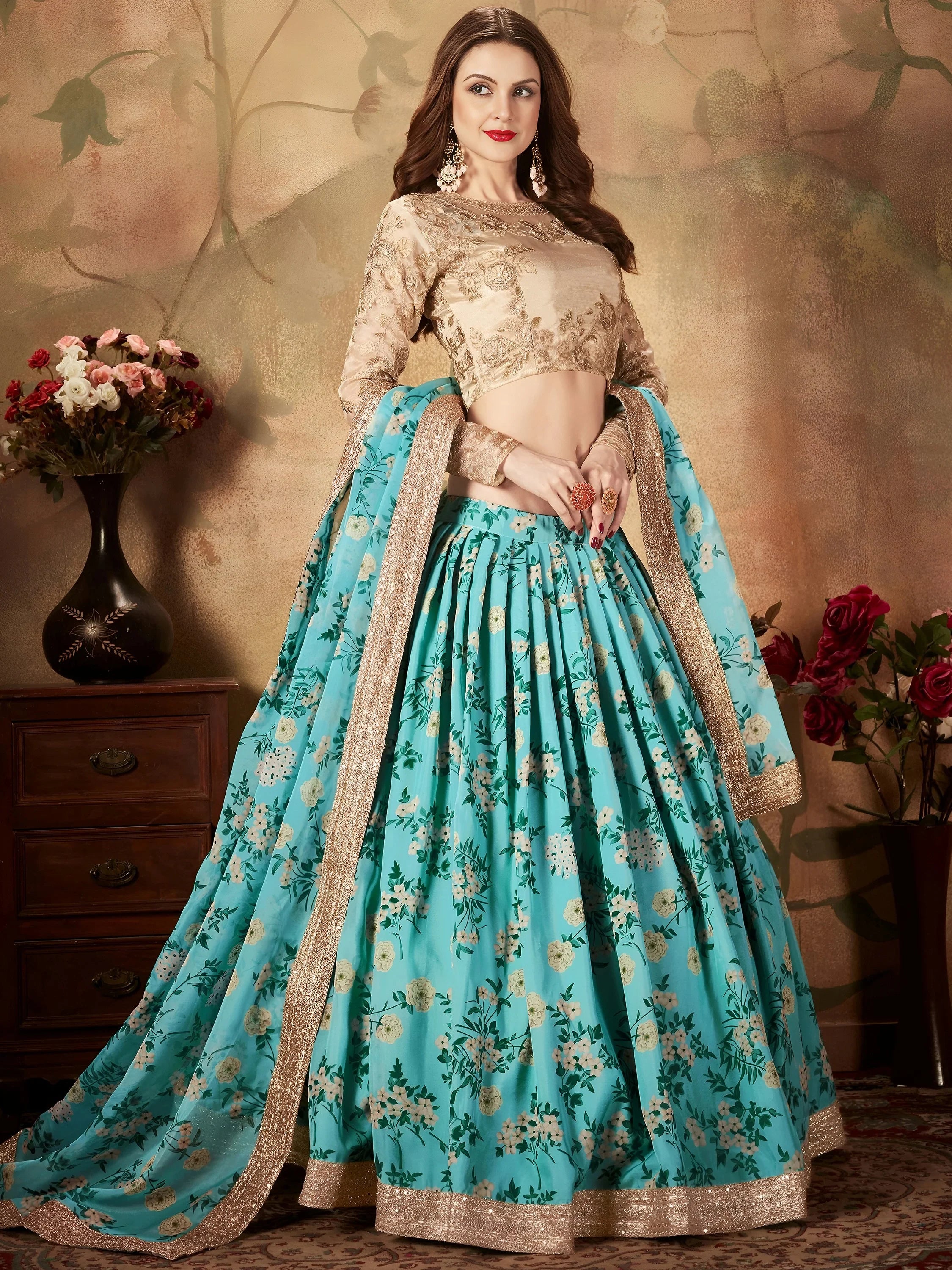 Precious Blue Printed Organza Wedding Wear Plus Size Lehenga Choli