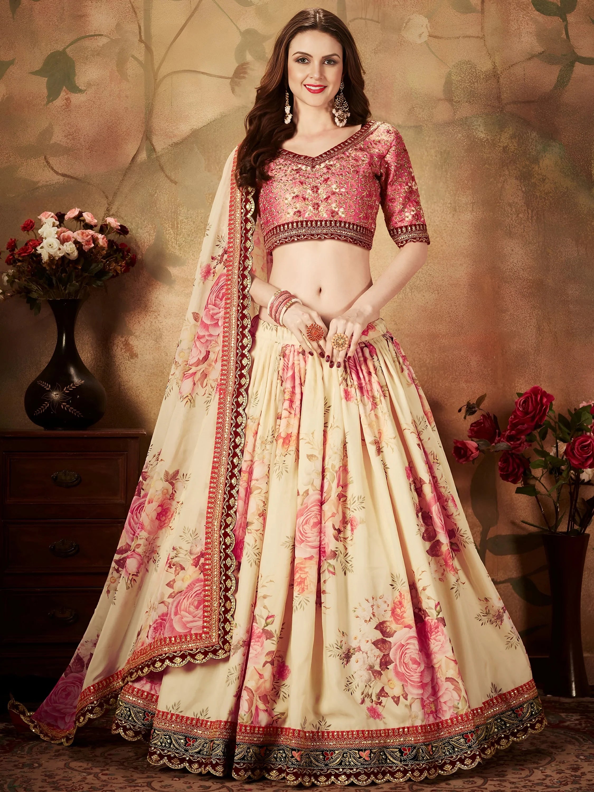 Magnificent Cream Printed Organza Wedding Wear Plus Size Lehenga Choli