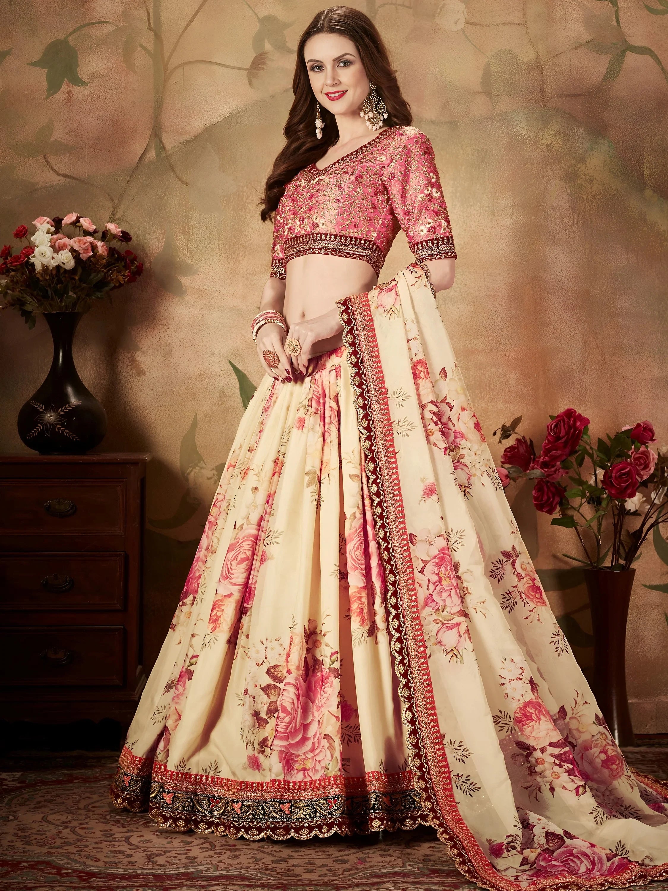 Magnificent Cream Printed Organza Wedding Wear Plus Size Lehenga Choli