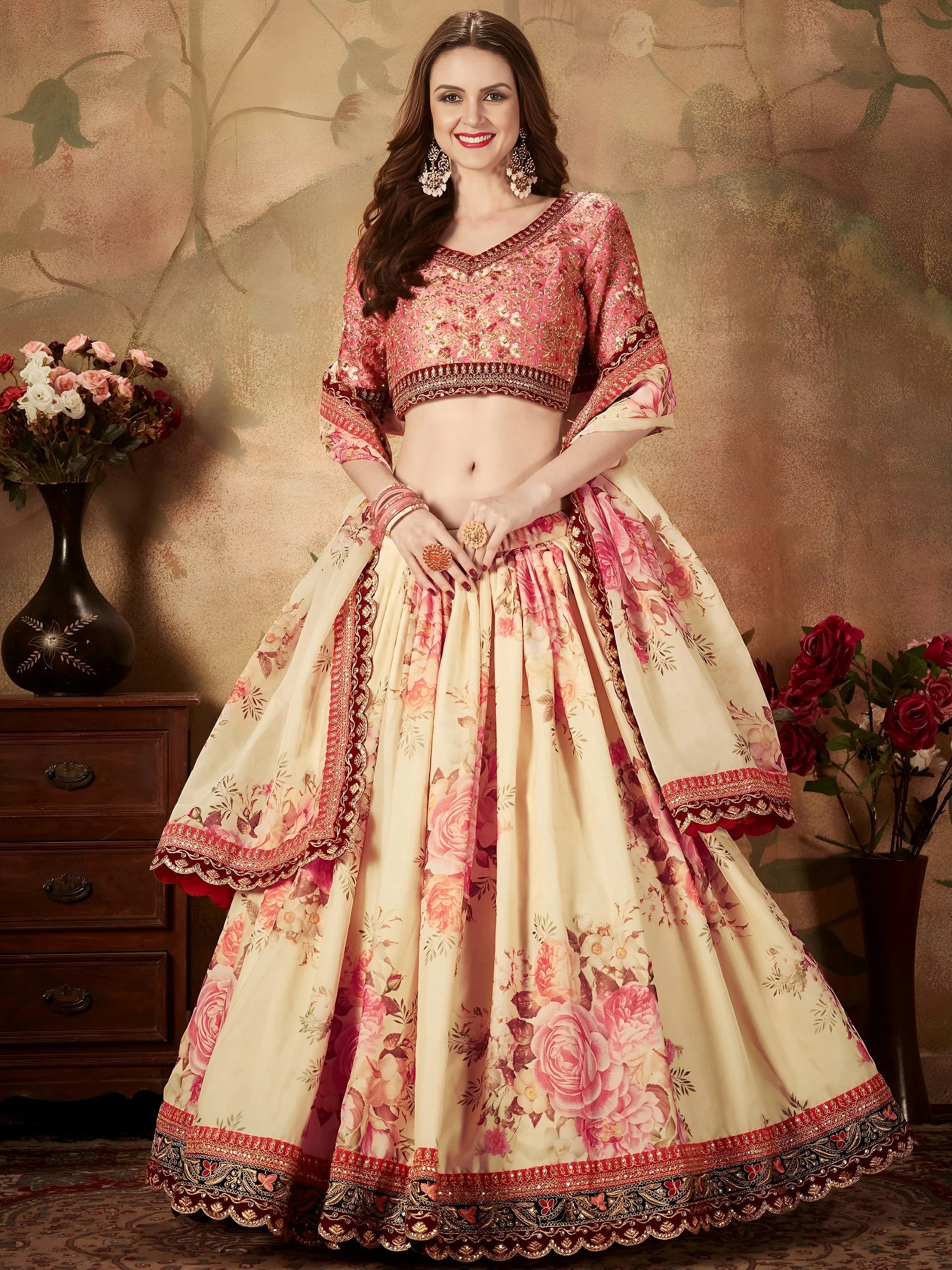 Magnificent Cream Printed Organza Wedding Wear Plus Size Lehenga Choli
