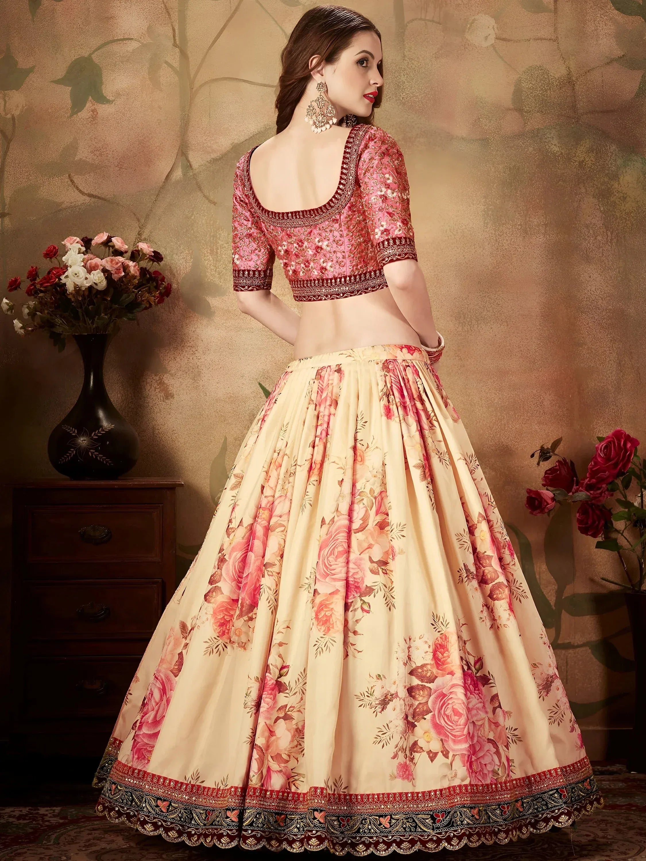 Off White Floral Digital Printed Organza Bridal Lehenga Choli