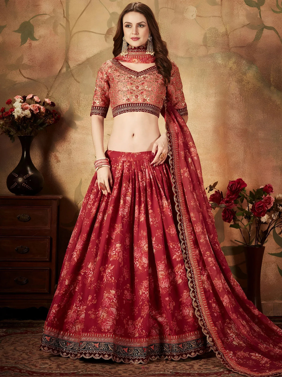 Majestic Maroon Printed Organza Engagement Wear Plus Size Lehenga Choli