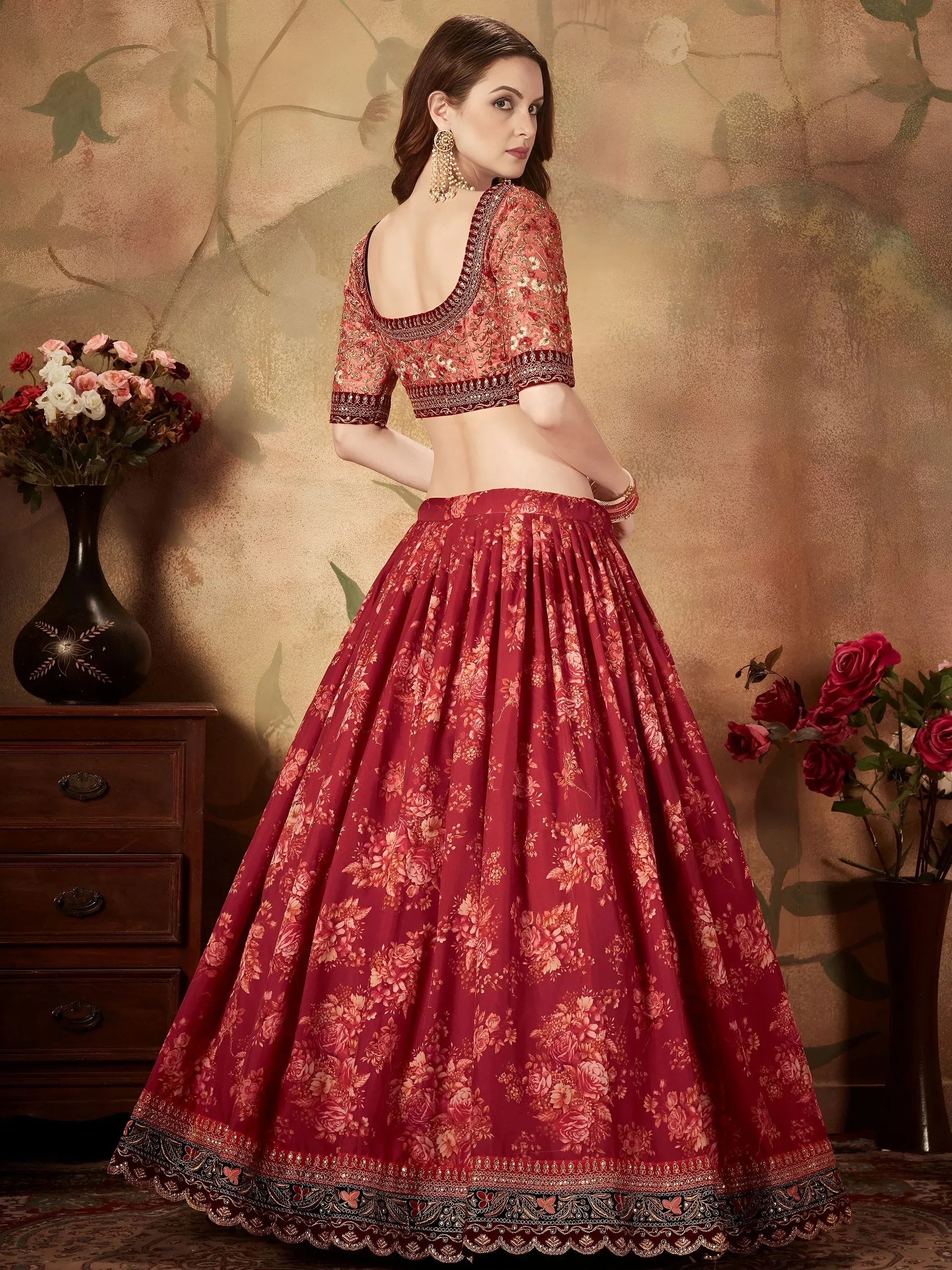 Maroon Floral Digital Printed Organza Bridal Lehenga Choli