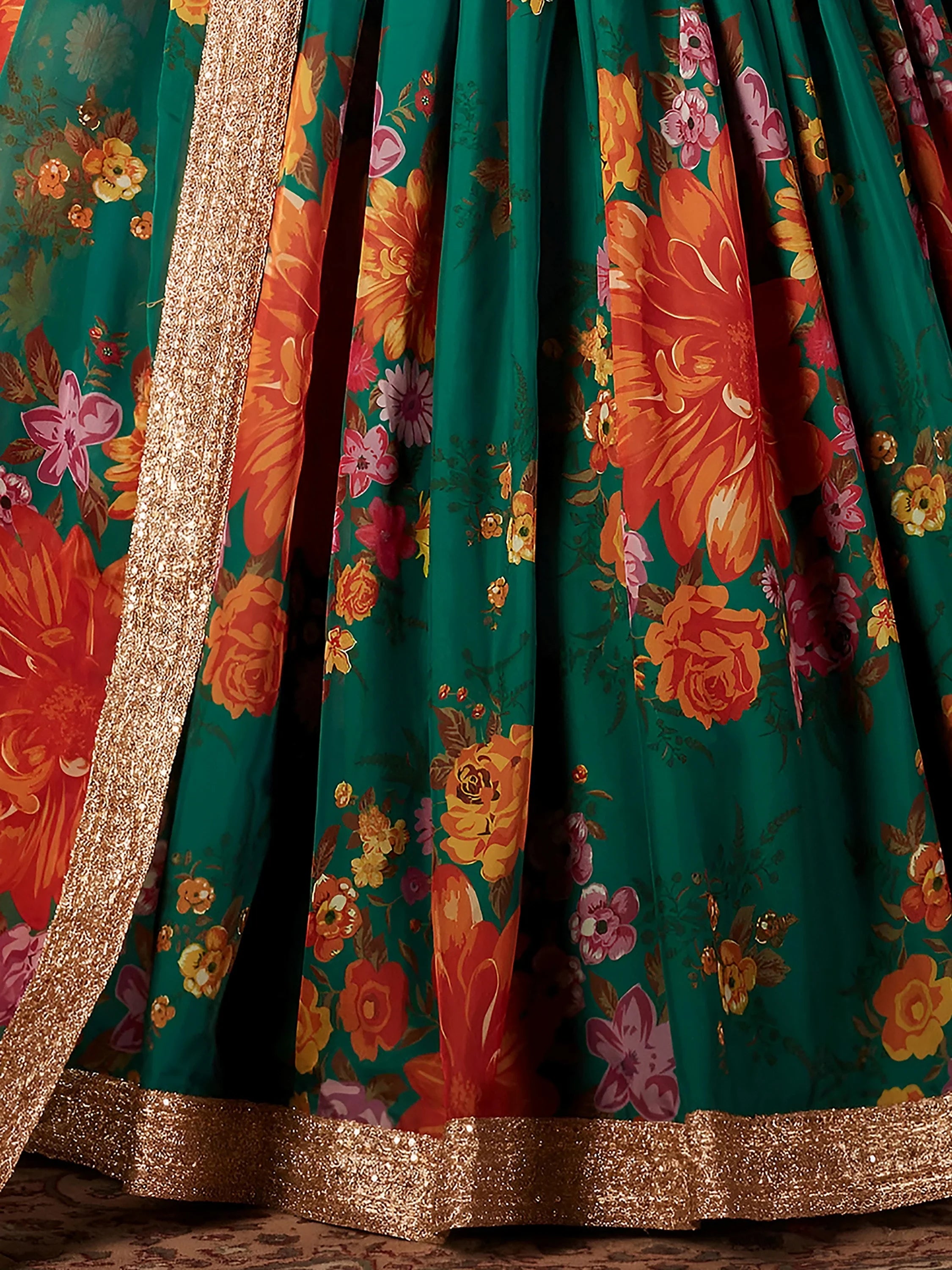 Marvelous Green Printed Organza Festival Wear Plus Size Lehenga Choli