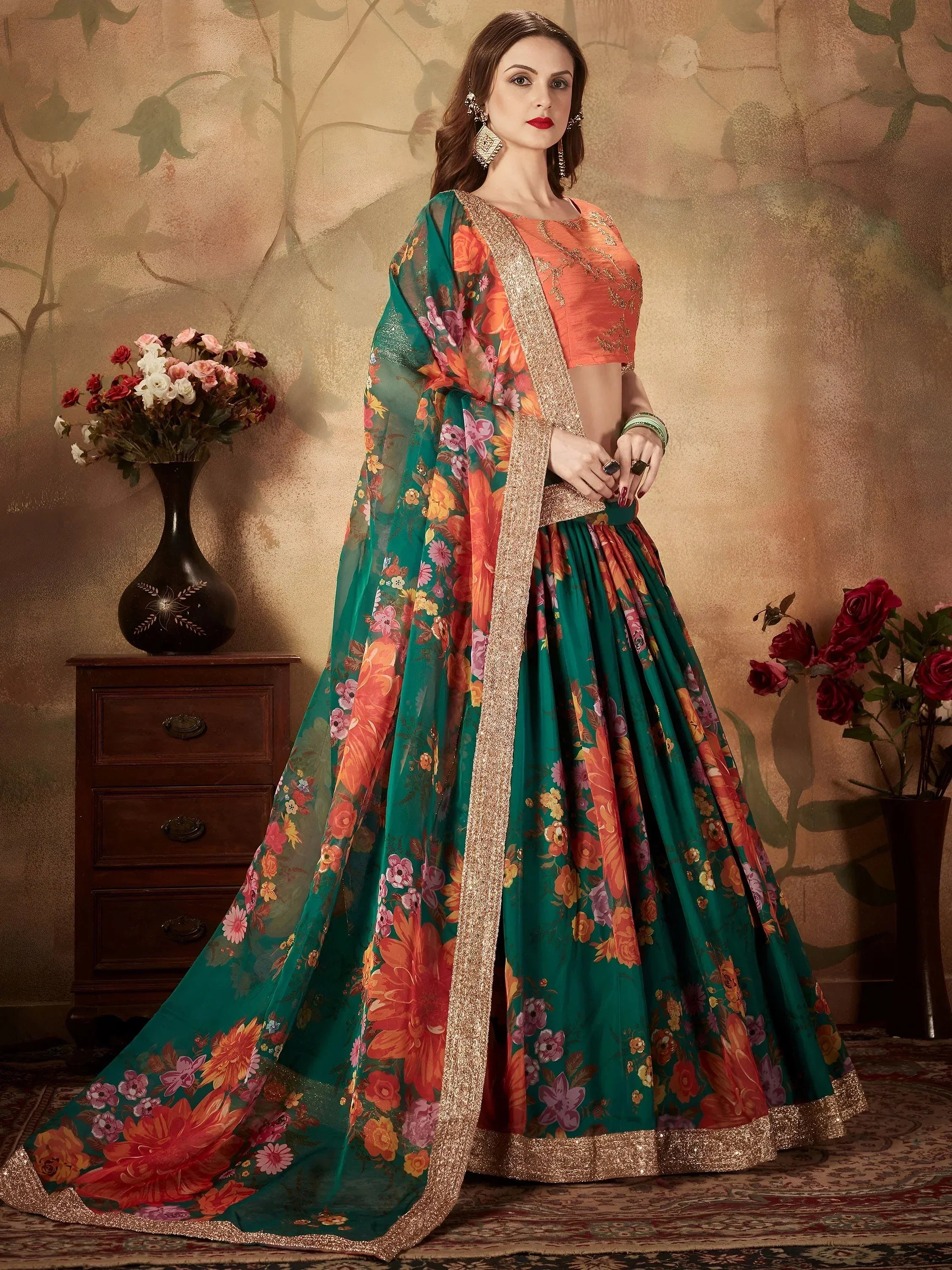Green Floral Digital Printed Organza Bridal Lehenga Choli