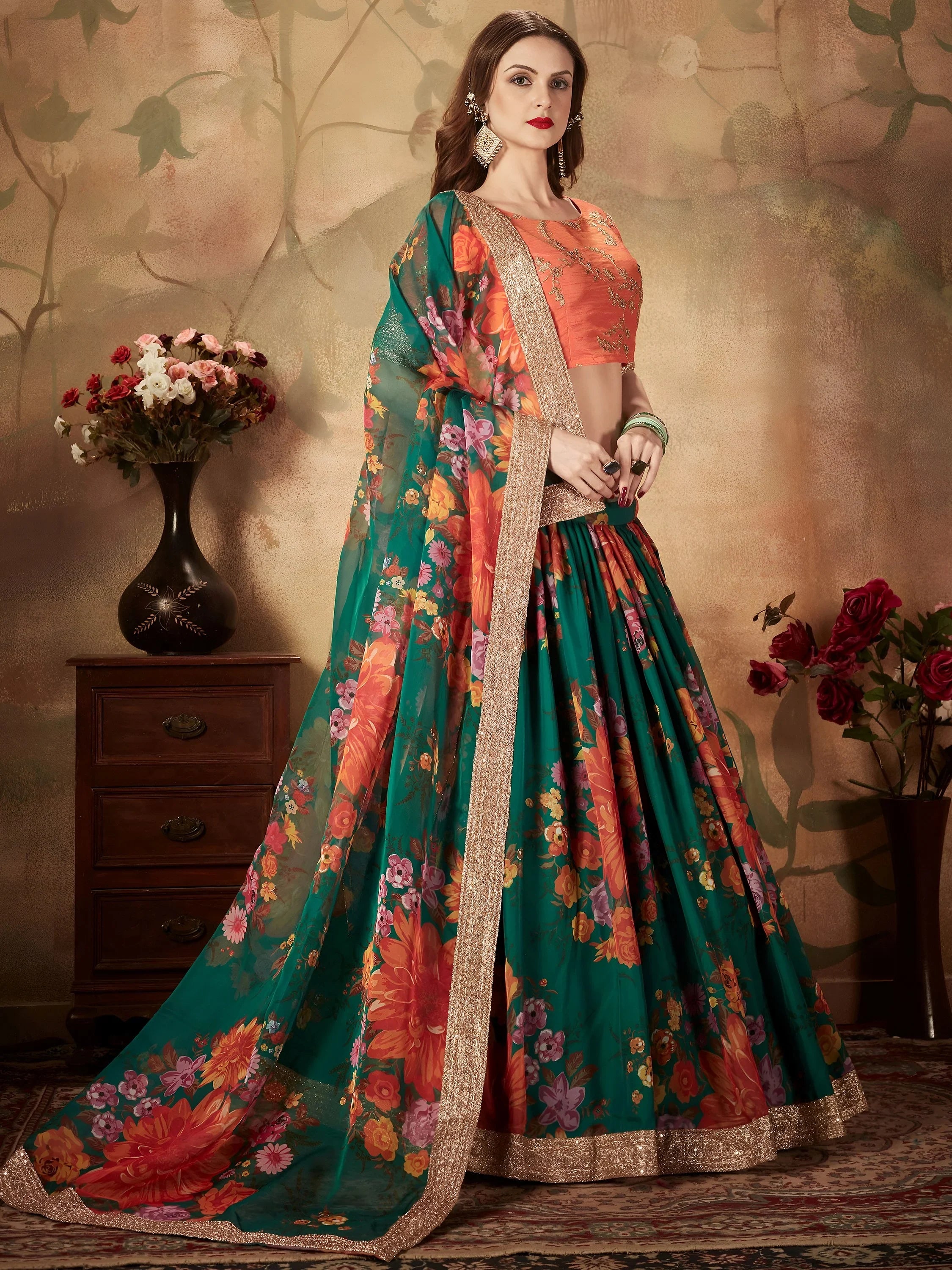 Marvelous Green Printed Organza Festival Wear Plus Size Lehenga Choli