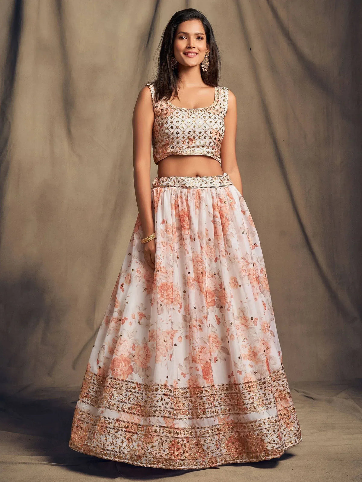 Floral print lehenga choli with gold embroidery, Indian ethnic wear for women