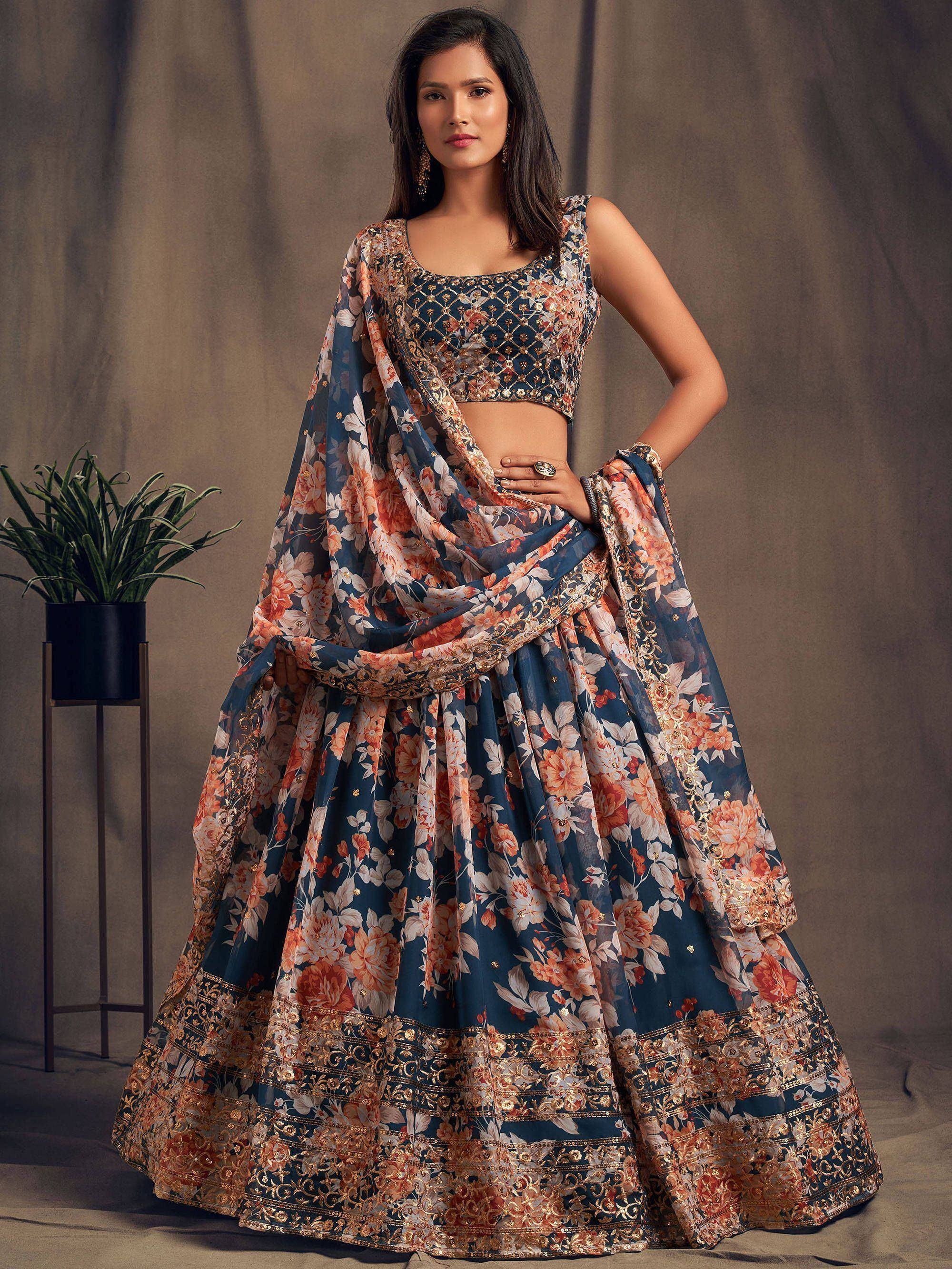 Floral print lehenga choli with gold embroidery, Indian ethnic wear for women