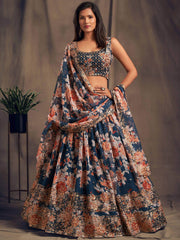 Dove Blue Floral Embroidered Organza Wedding Wear Lehenga Choli