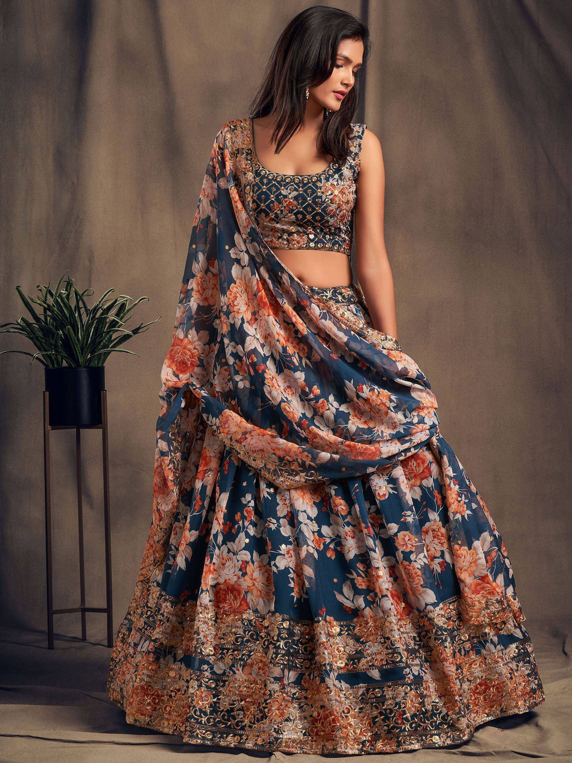 Blue floral lehenga choli with gold embroidery, Indian ethnic wear for women