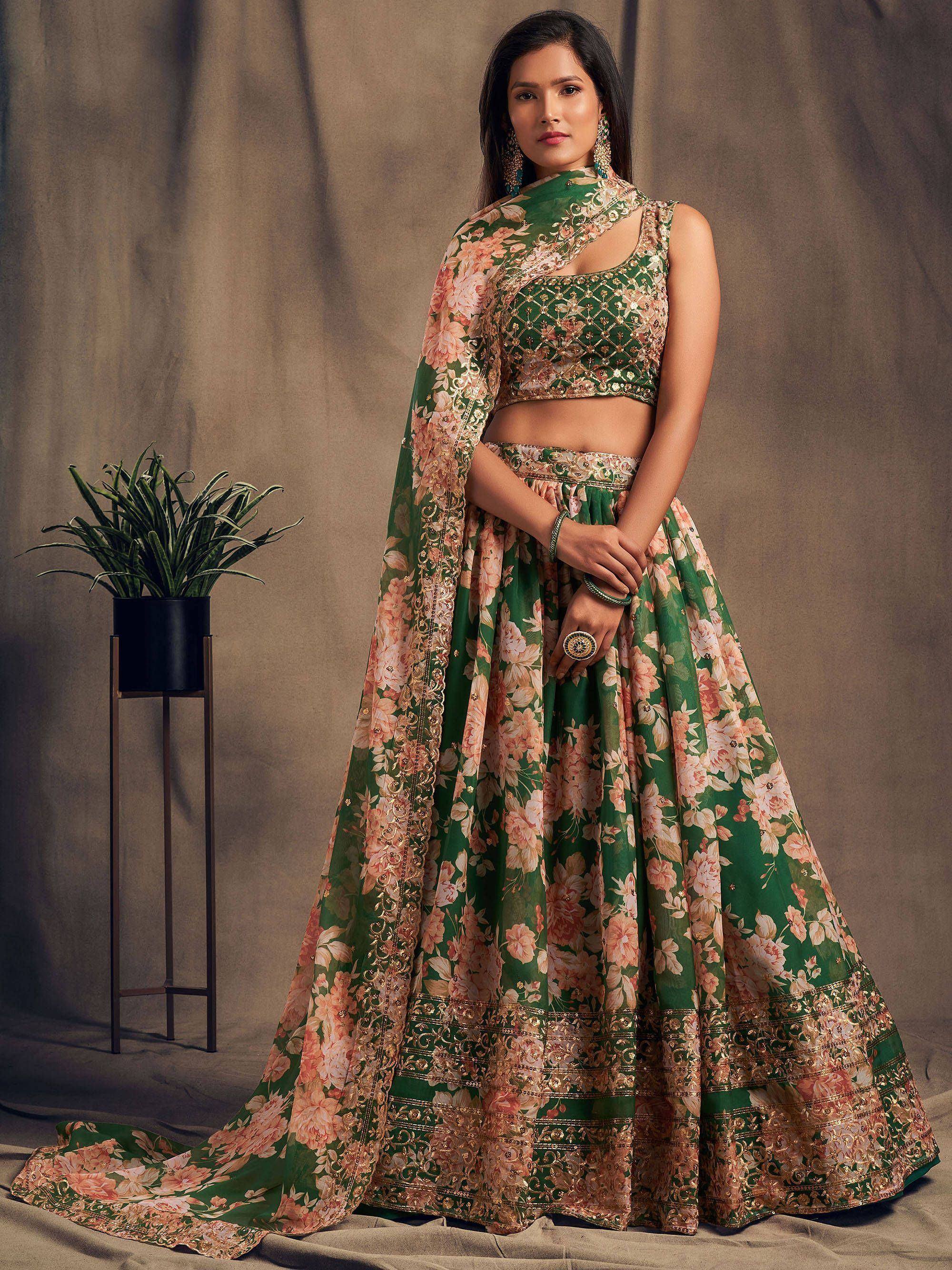 Green floral lehenga choli with gold embroidery, perfect for Indian ethnic wear occasions