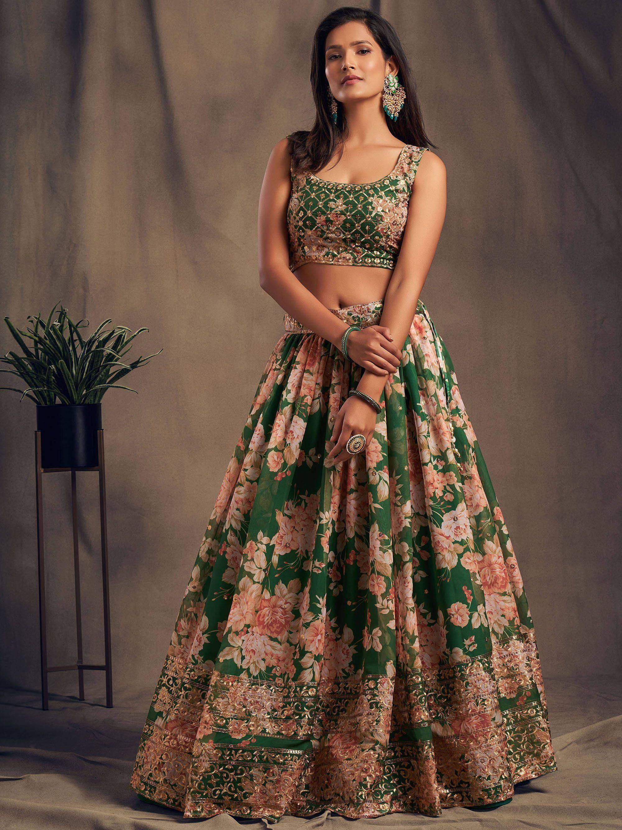 Green floral lehenga choli with gold embroidery, perfect for Indian ethnic wear and festive occasions