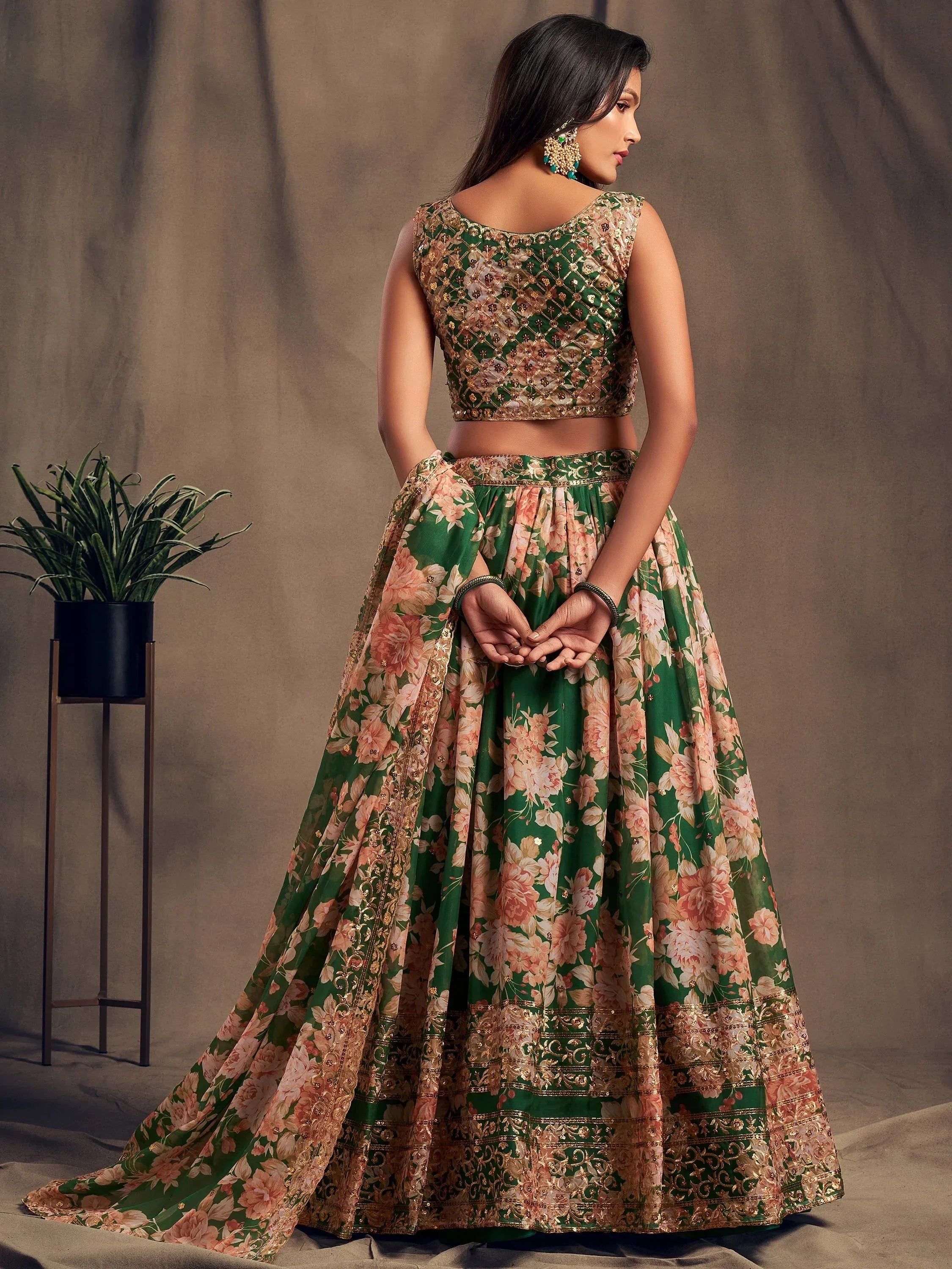 Outstanding Green Printed Organza Designer Plus Size Lehenga Choli