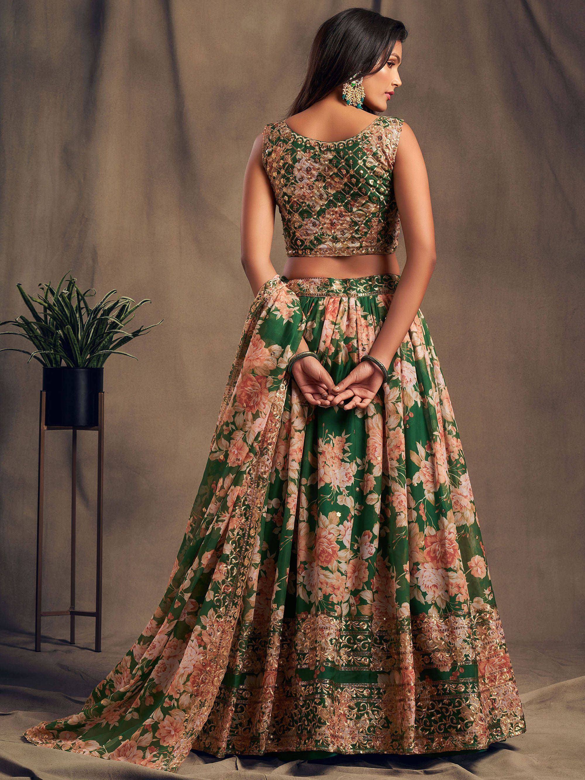 Green floral lehenga choli with gold embroidery, Indian ethnic wear for weddings and parties
