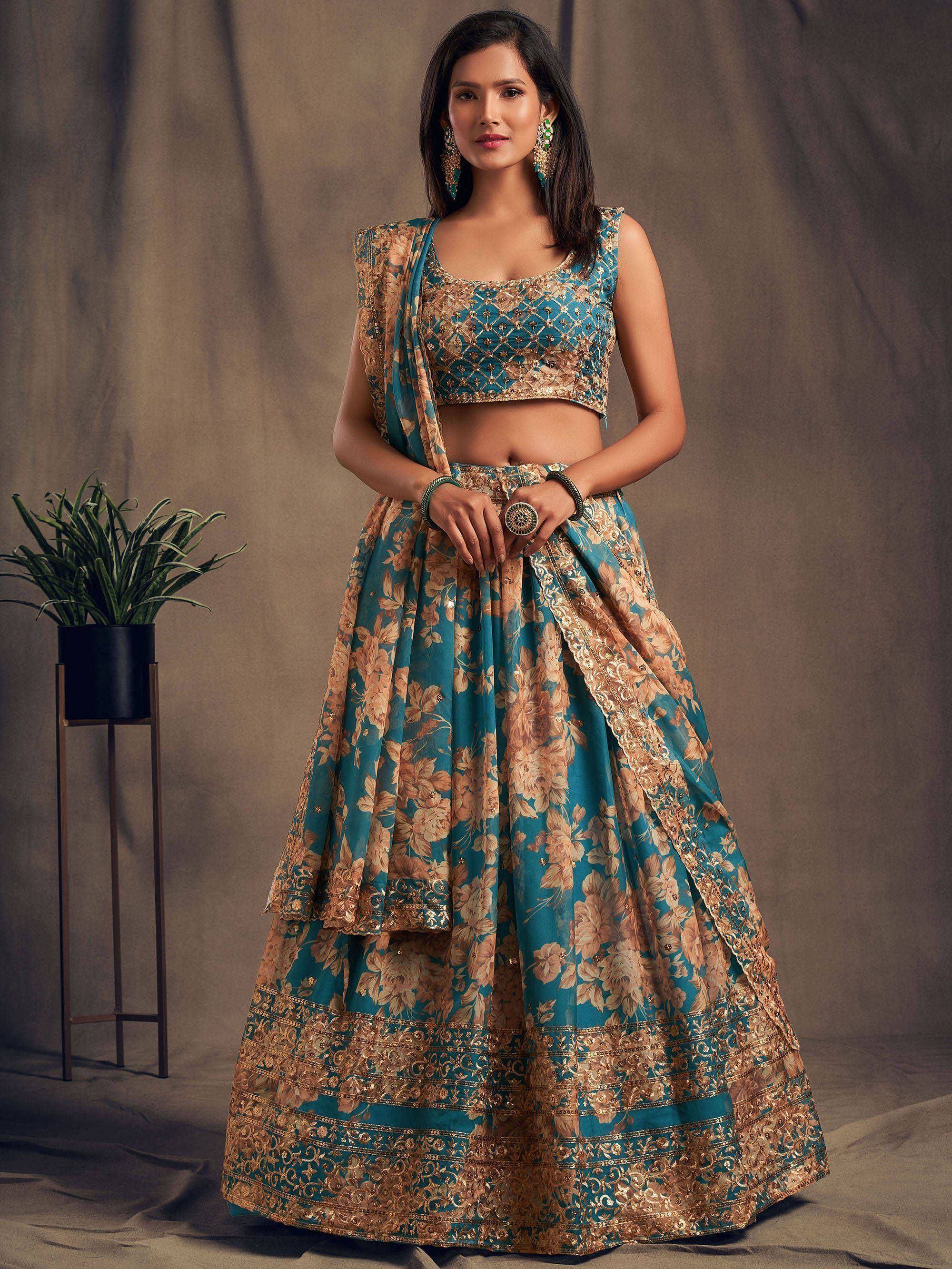 Teal and gold floral lehenga choli with embroidered blouse and dupatta, Indian ethnic wear
