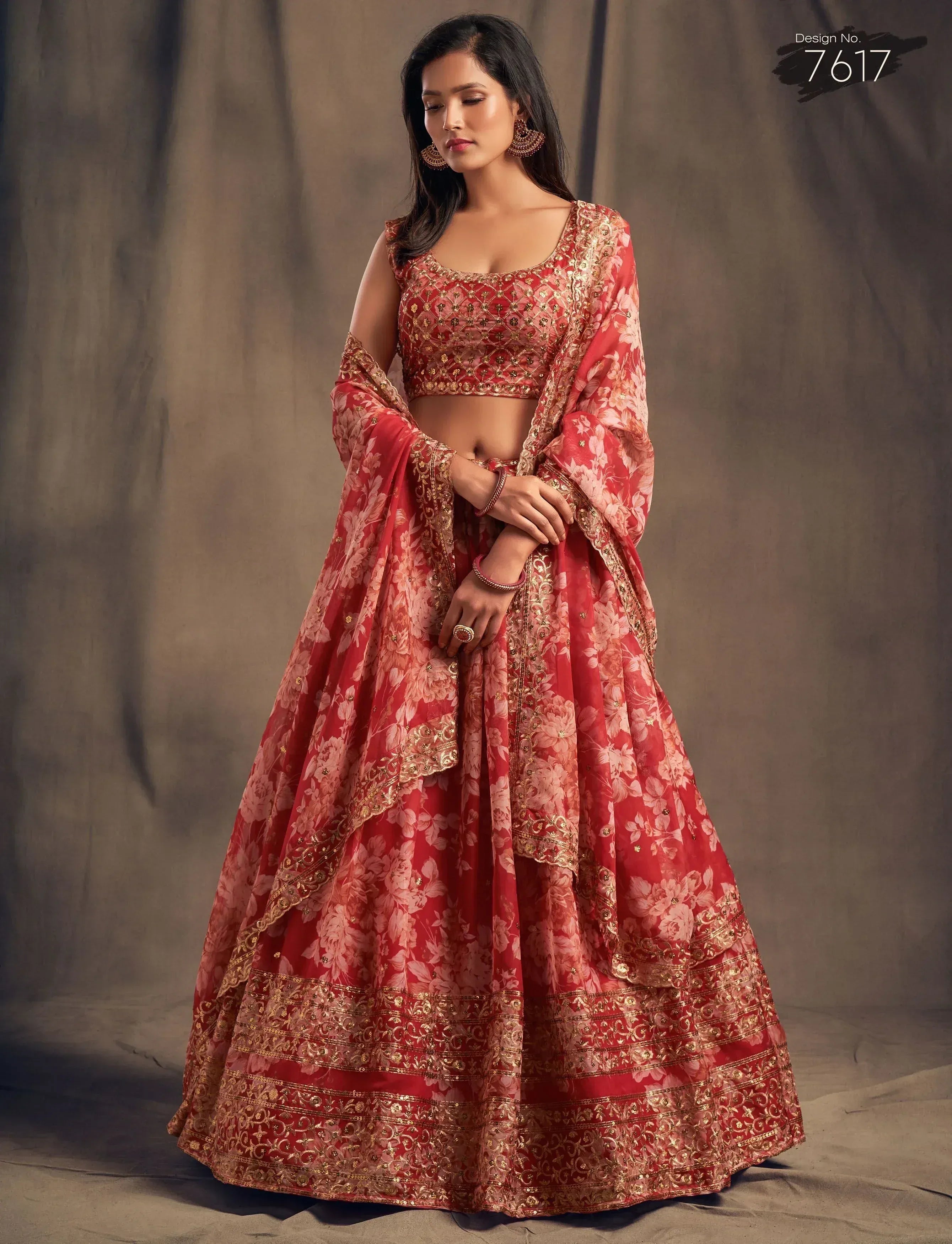Red floral lehenga choli with gold embroidery, designer Indian ethnic wear for weddings