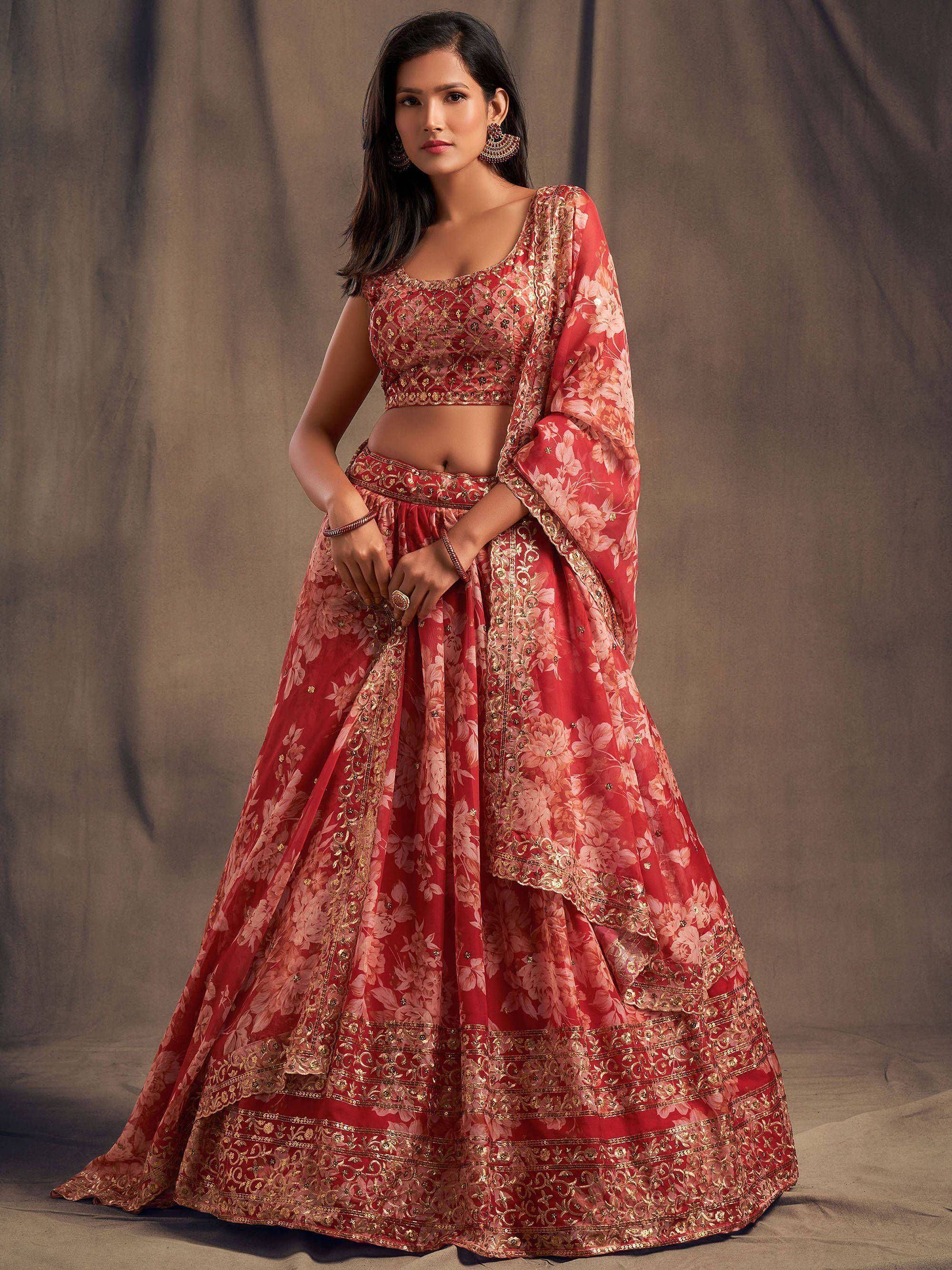 Red floral embroidered lehenga choli with gold detailing, perfect for Indian ethnic wear occasions