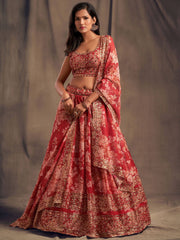 Red Floral Embroidered Organza Wedding Wear Lehenga Choli