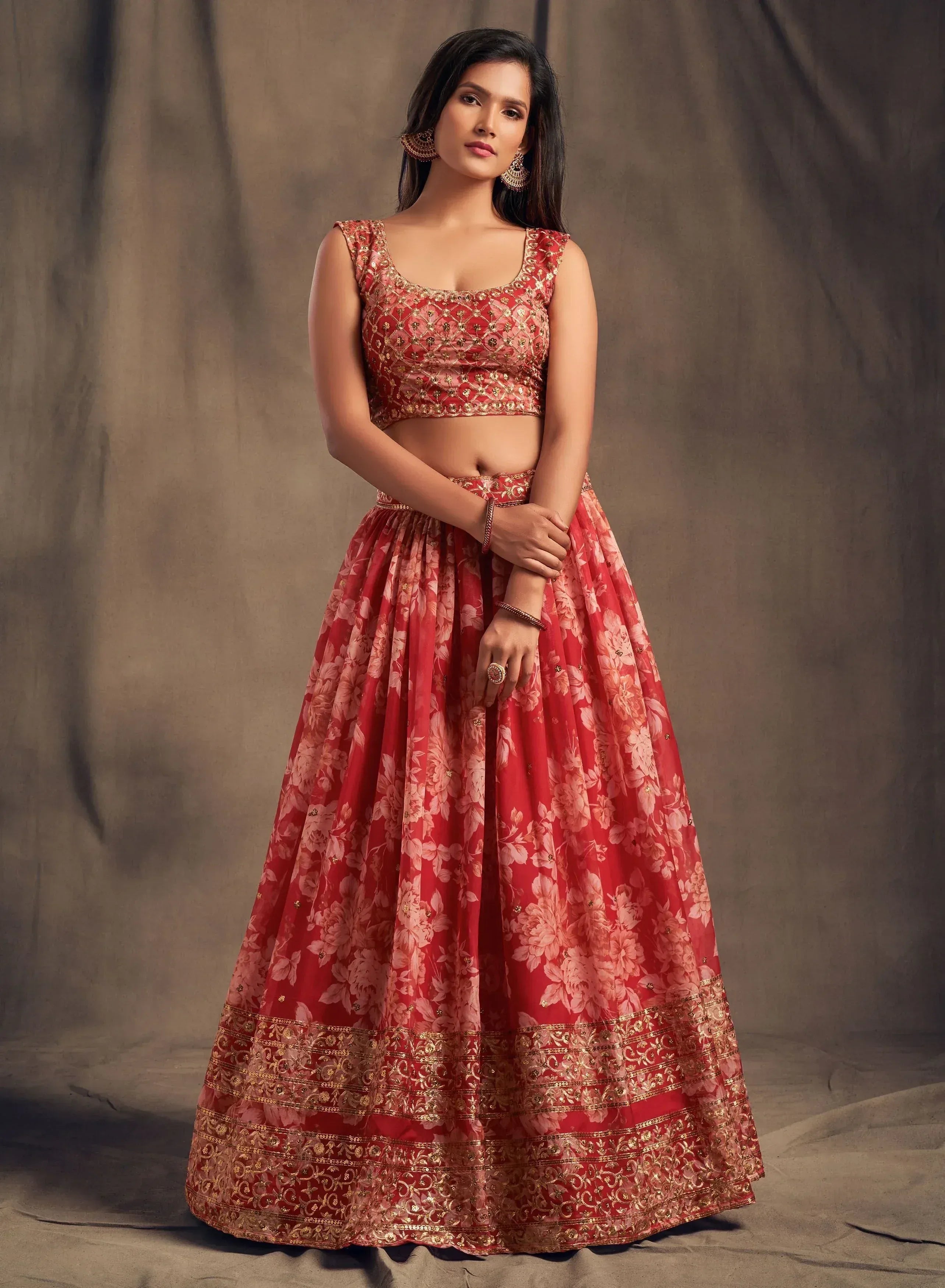 Red floral lehenga choli with gold embroidery, Indian ethnic wear for women