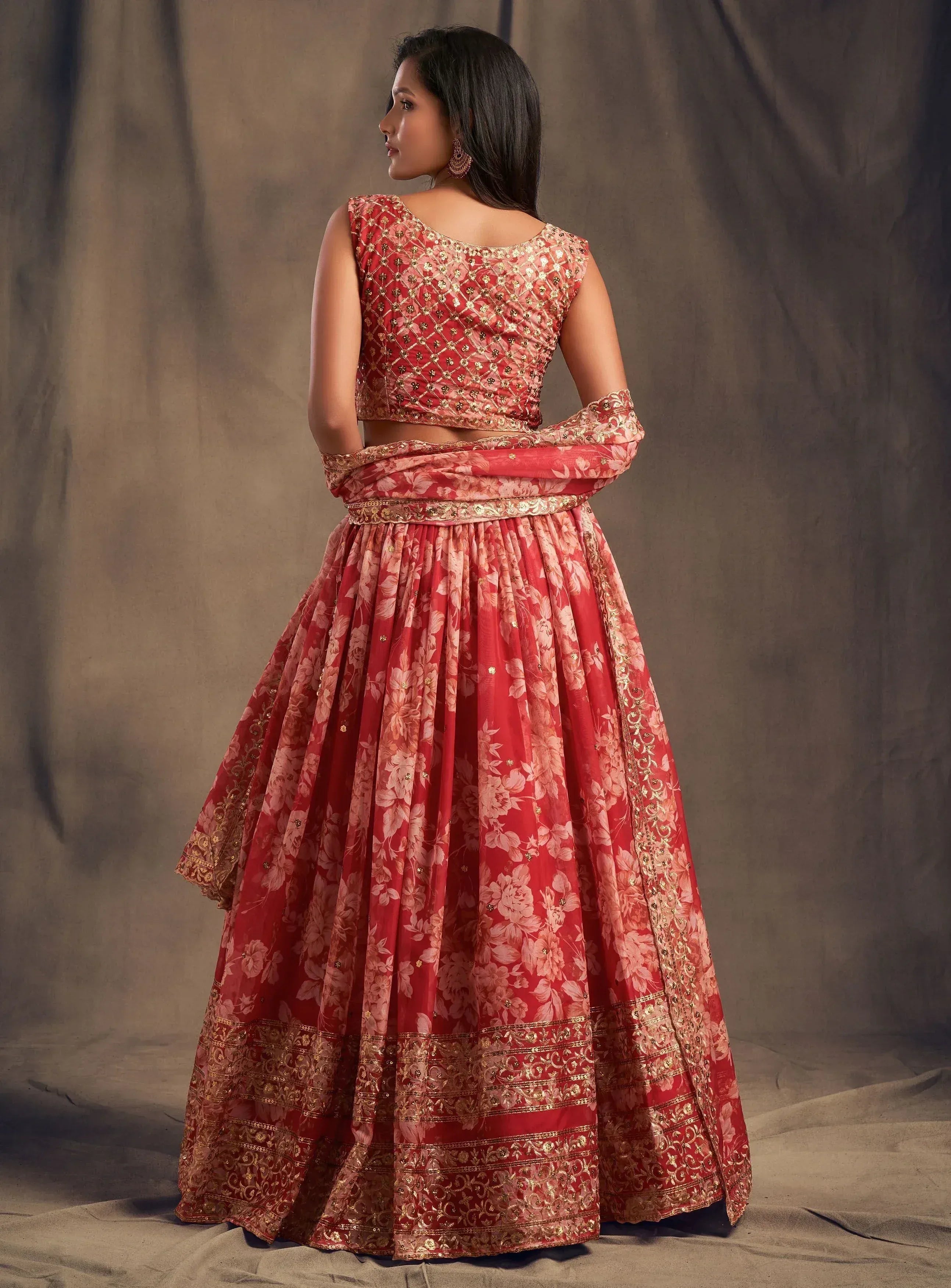 Red floral lehenga choli with gold embroidery, ethnic Indian wear for women