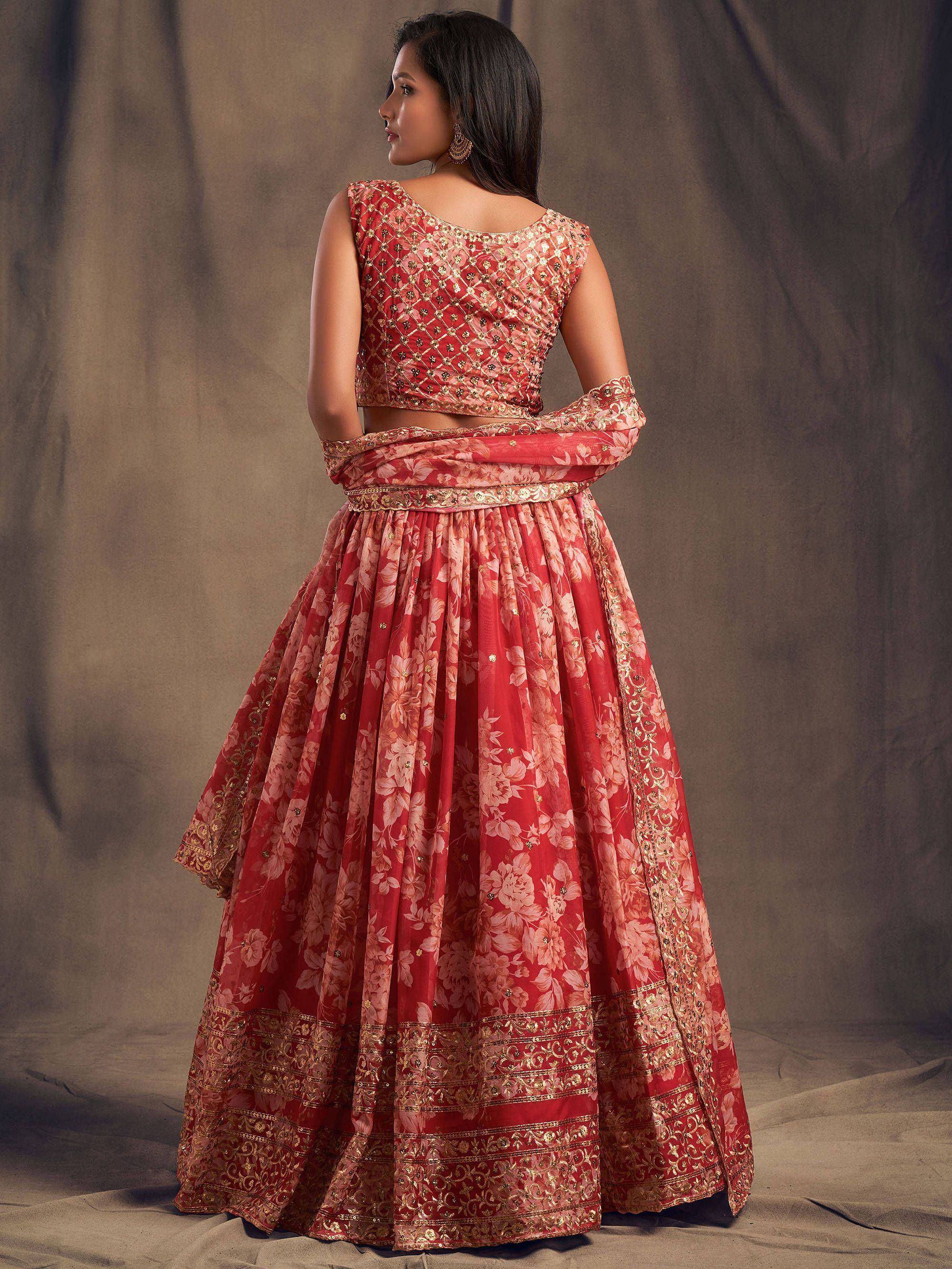 Red floral lehenga choli with gold embroidery, back view, Indian ethnic wear