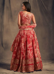 Shraddha Kapoor Red Floral Printed Organza Wedding Wear Lehenga Choli