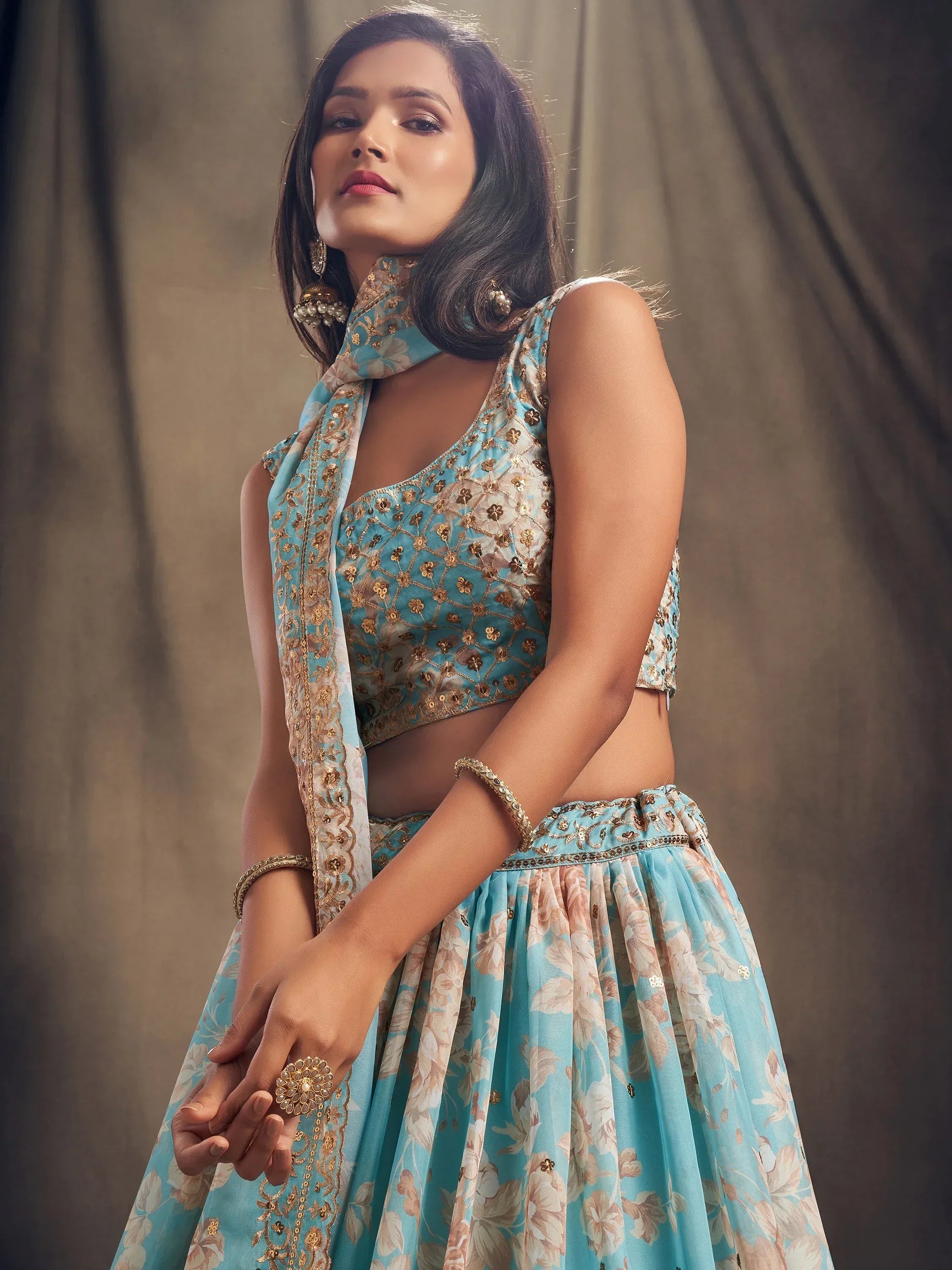 Majestic Blue Printed Organza Function Wear Plus Size Lehenga Choli