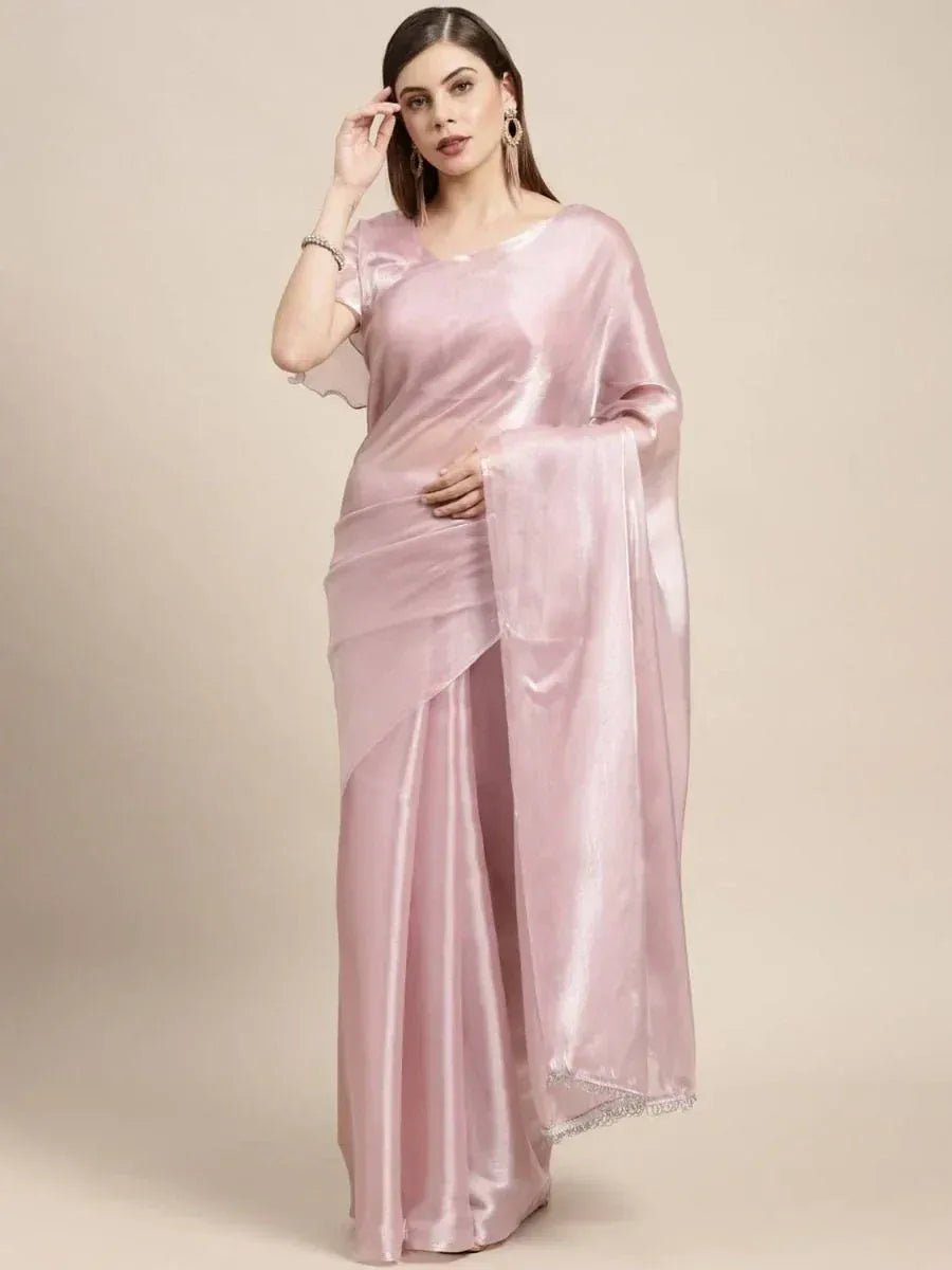 Elegant pink satin saree with matching blouse, perfect for Indian ethnic occasions and festive wear.