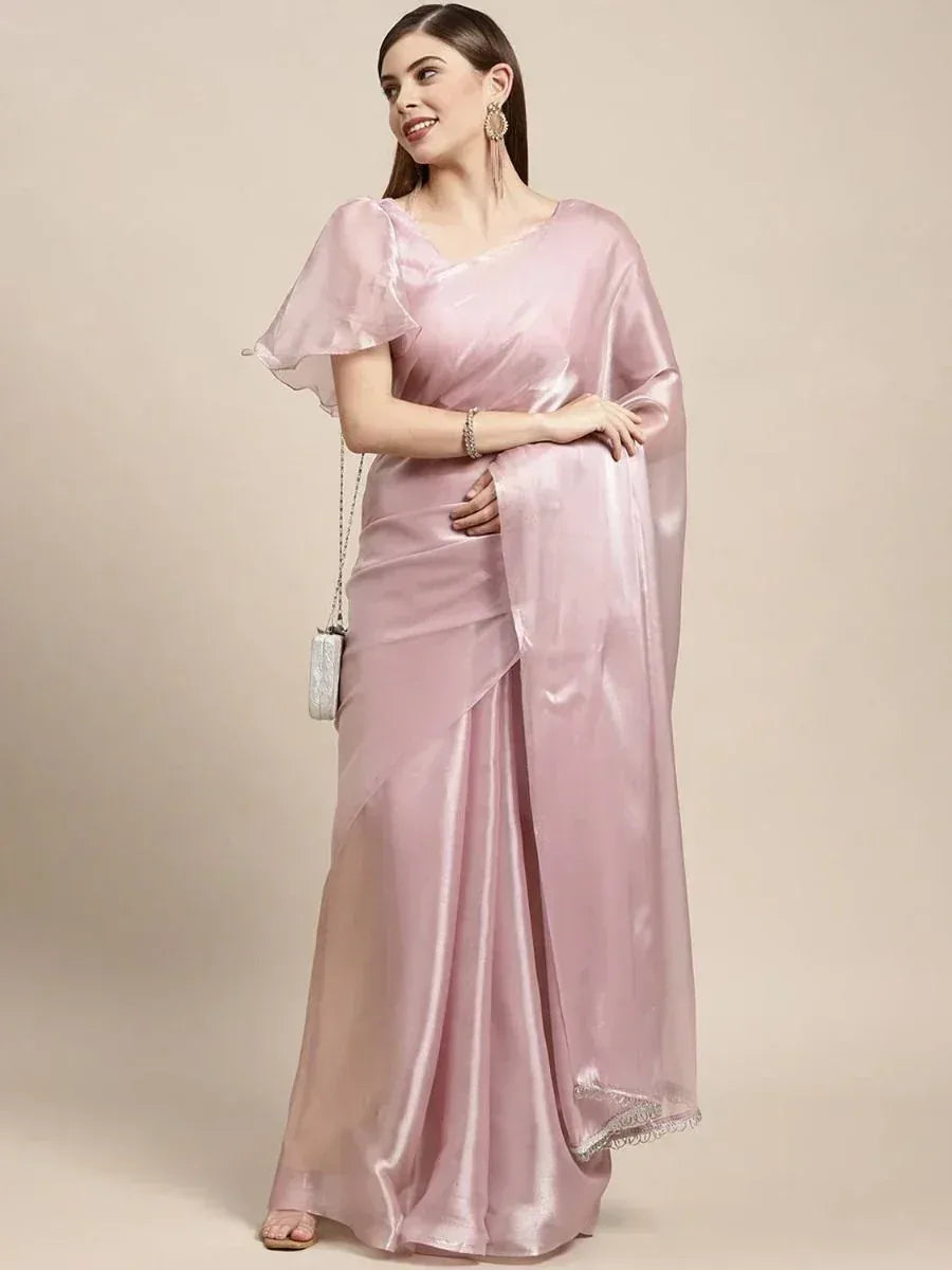Pink satin saree with ruffled sleeves, perfect for Indian ethnic wear and festive occasions