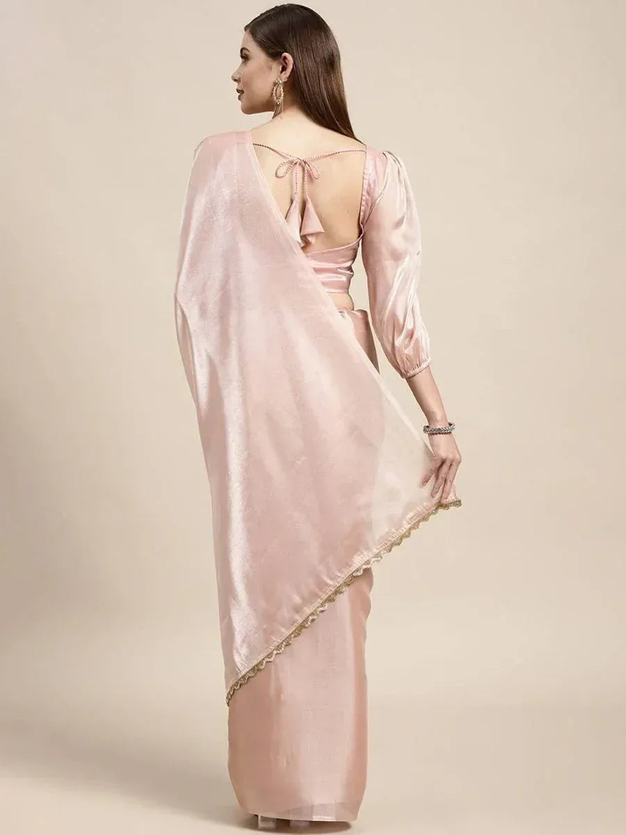Pink satin saree with back tie blouse, ethnic wear for women