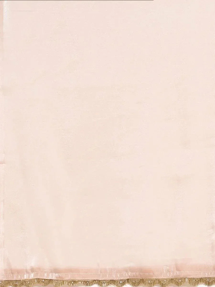 Soft blush pink ethnic fabric with golden scalloped trim, ideal for designer lehenga or saree