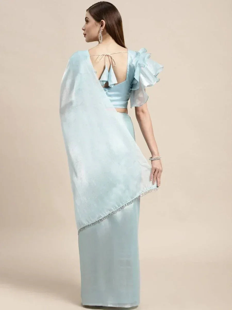 Light blue designer saree with ruffle sleeve blouse and back tie detail, ethnic wear for women