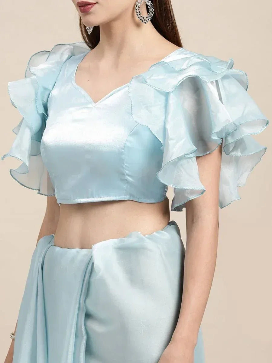 Light blue ruffle sleeve crop top with matching ethnic skirt, stylish Indian wear
