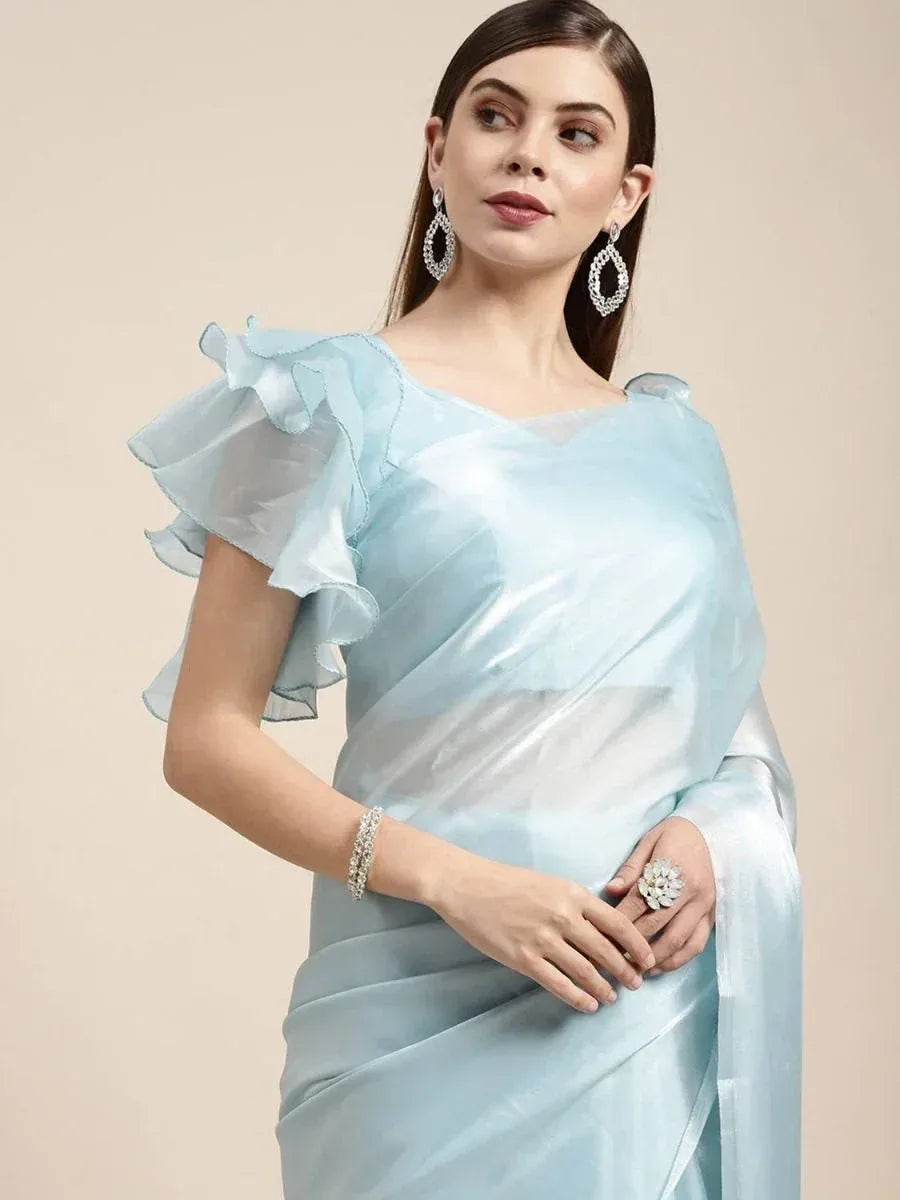 Light blue ruffled saree with elegant drape, perfect for Indian ethnic occasions and designer events