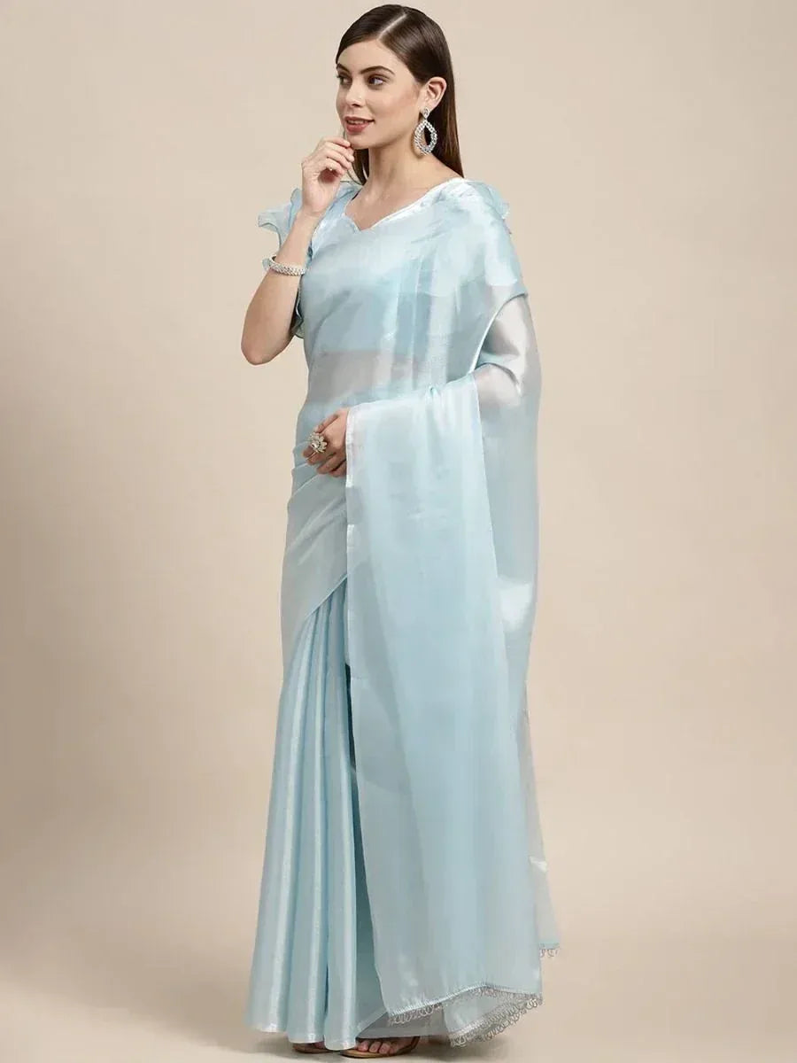 Light blue designer saree with ruffled blouse, perfect for ethnic occasions and festive wear