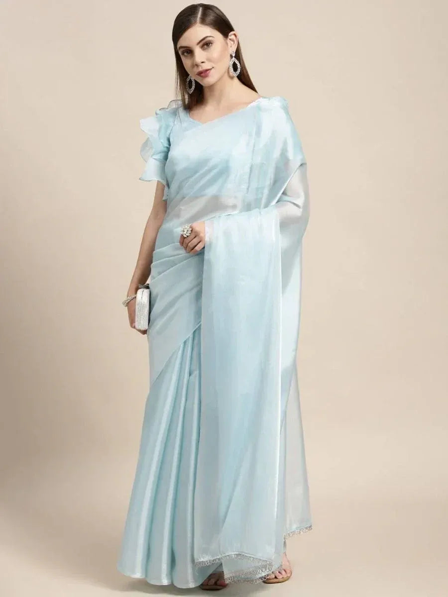 Light blue designer saree with ruffled blouse, perfect for ethnic occasions and festive wear