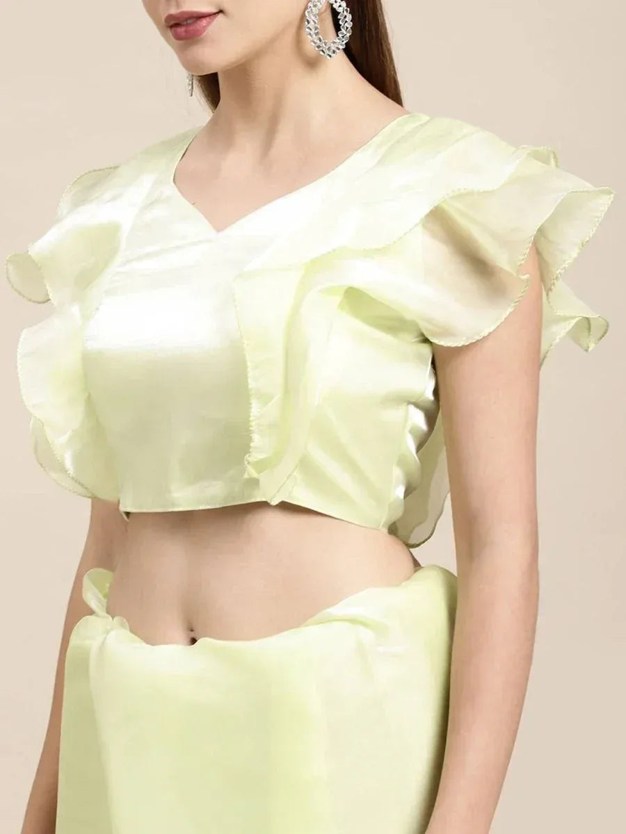 Light green ruffled crop top with matching skirt, ethnic wear for women