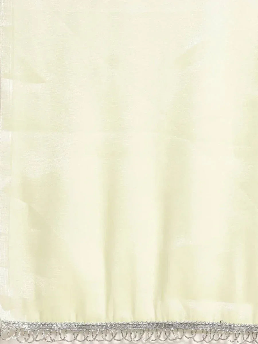 Cream ethnic saree with silver scalloped border, lightweight fabric for traditional Indian wear