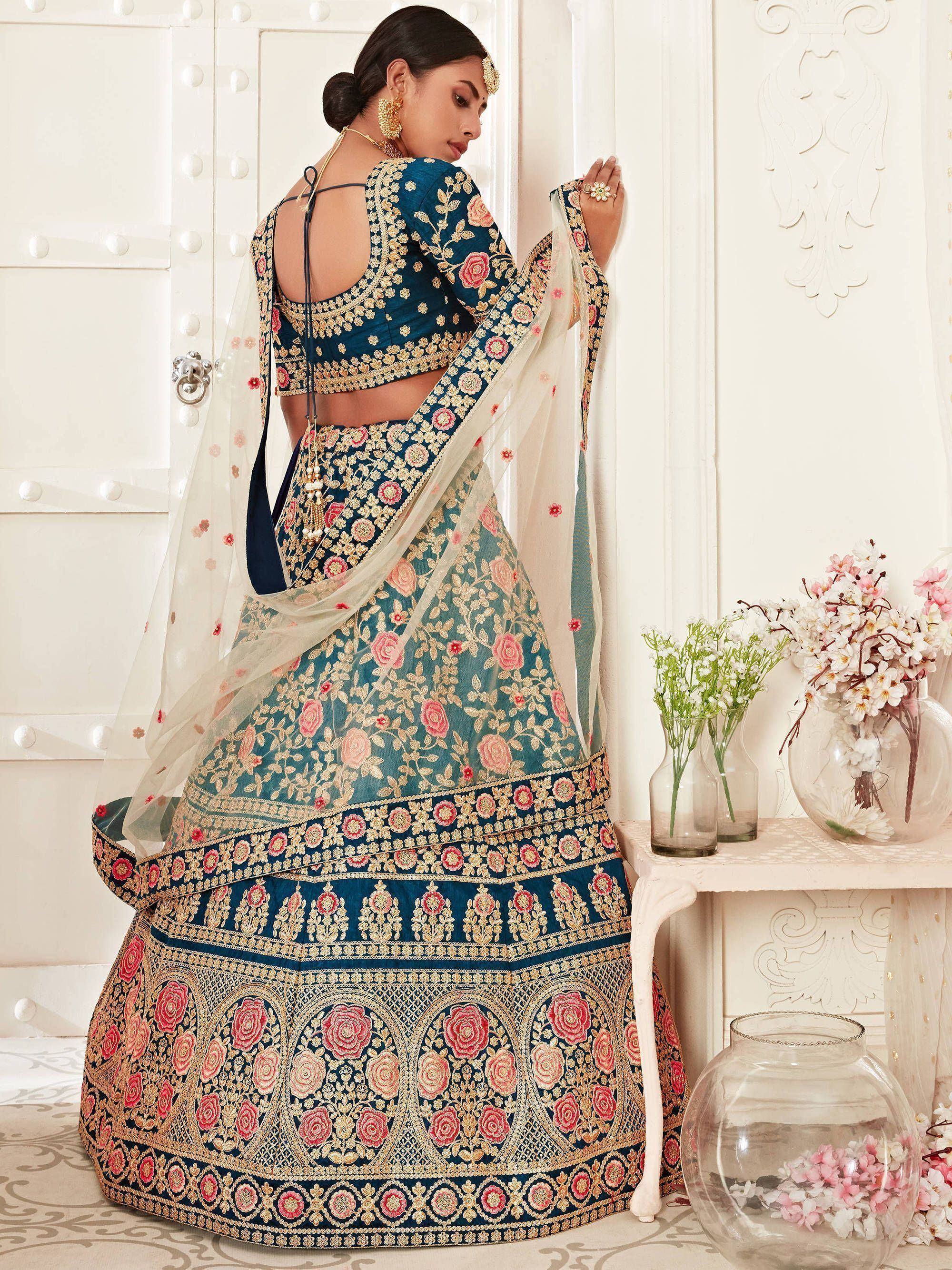 Blue floral embroidered lehenga choli with sheer dupatta, Indian ethnic wear for weddings
