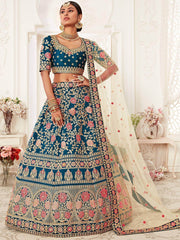 Blue Rose Embroidered Silk Bridal Lehenga Choli