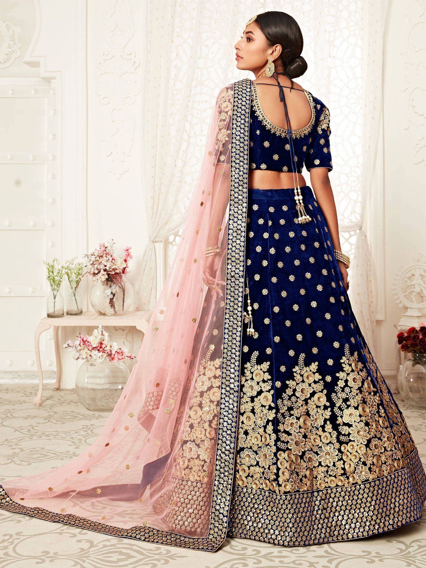 Blue velvet lehenga choli with gold embroidery and pink dupatta, Indian ethnic wear